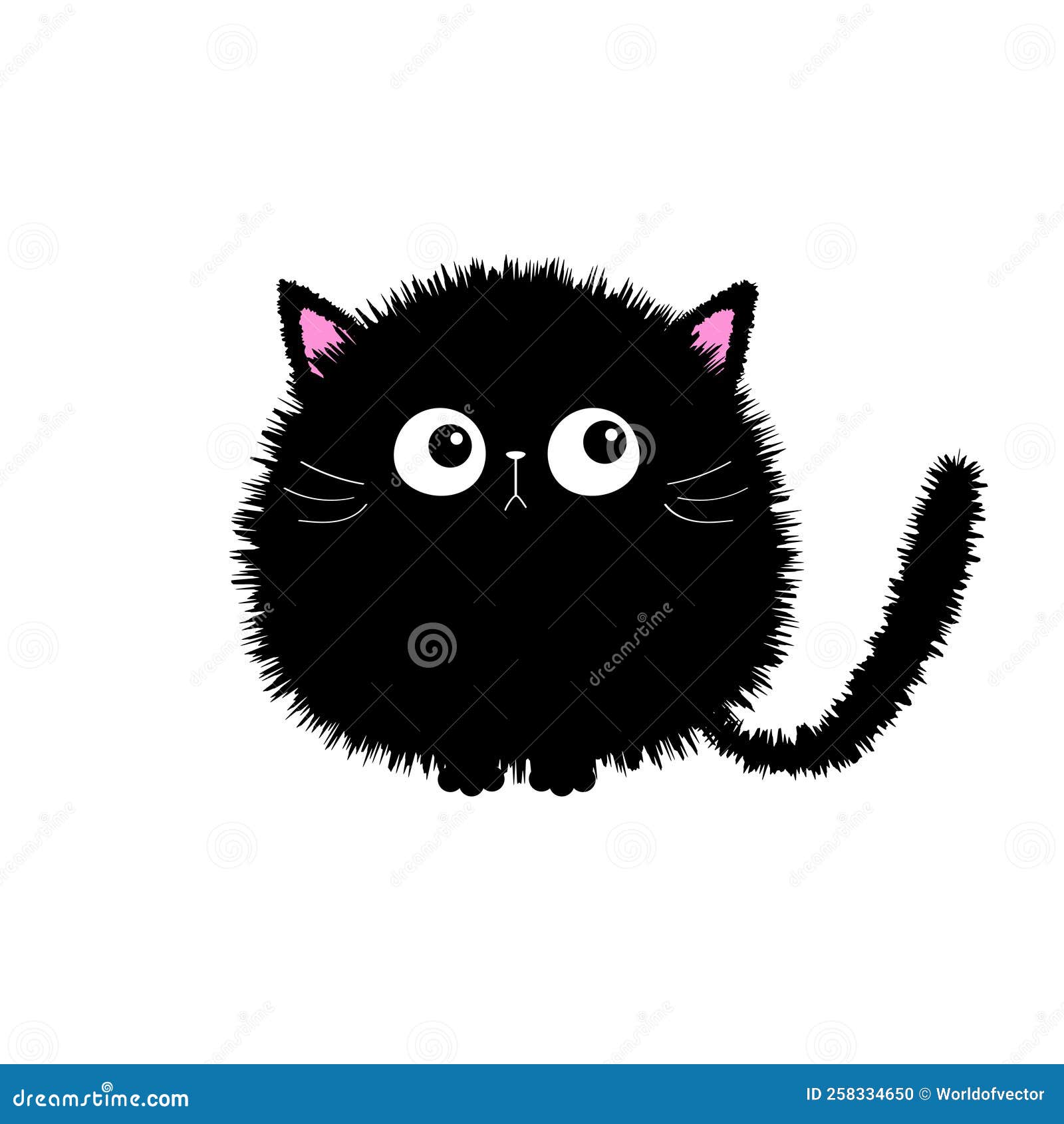Black Round Fluffy Kitten Icon. Face Head Body, Tail. Cat Fat