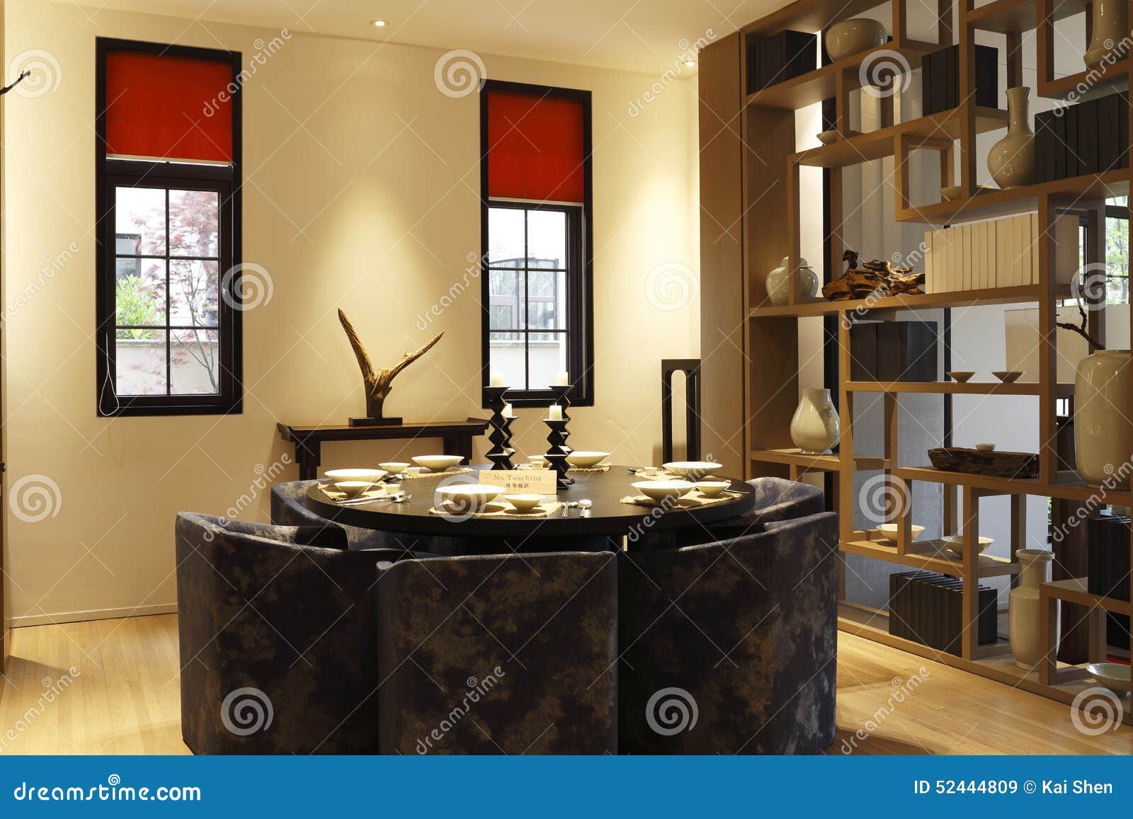 Black Round Table And Red Curtain Decorated Dining Room Stock