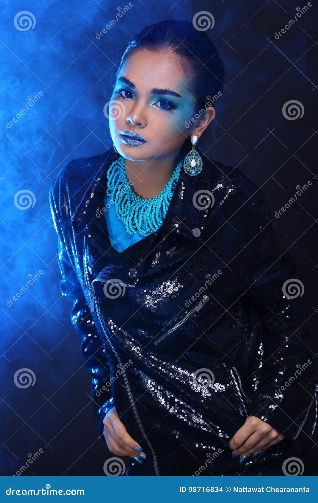 Black Sequin Jacket on Blue Fashion Make Up Asian Beautiful Mode Stock ...