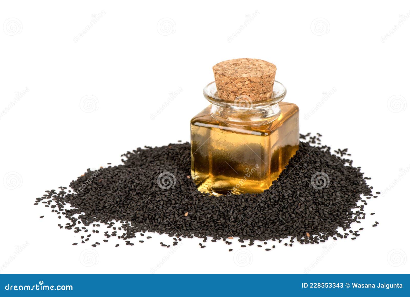 Black Sesame Seeds and Oil Isolated on White Surface Stock Image
