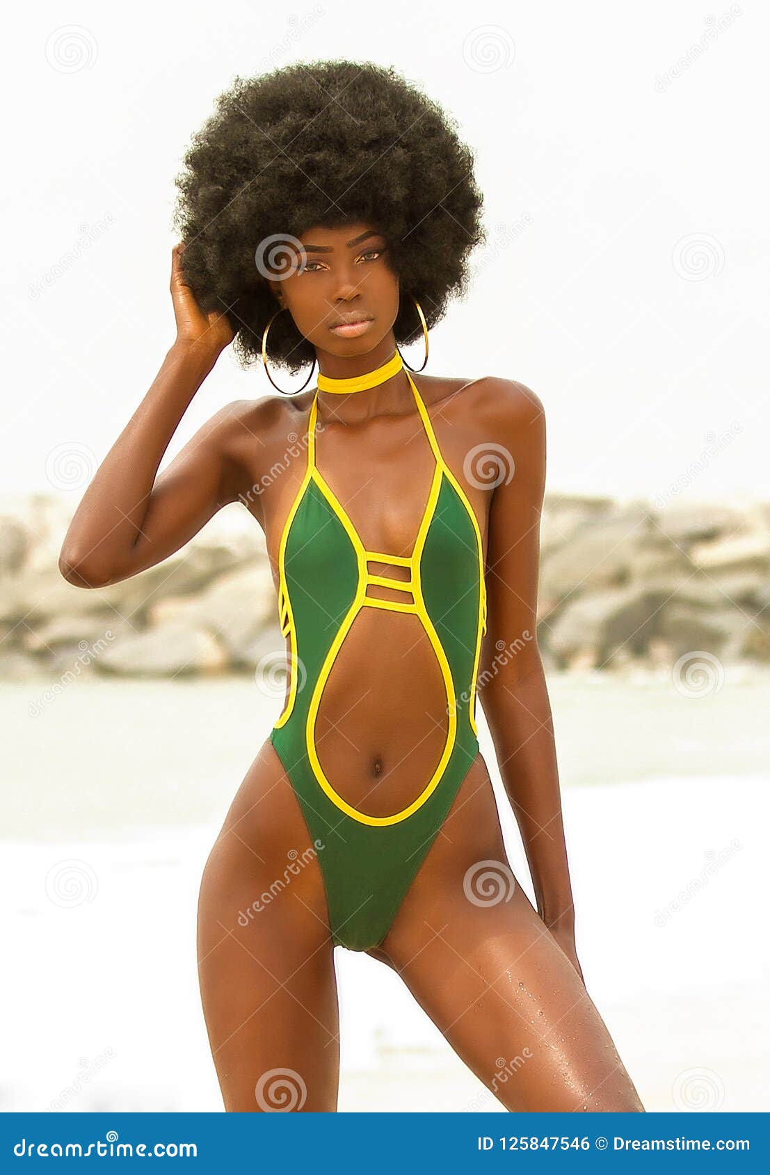 A Black Female Bikini Model Posing on the Beach Stock Photo - Image of  wearing, swimwear: 125847546