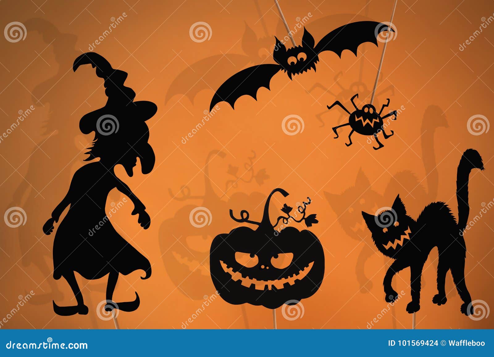 Black Shadow Puppets of Halloween Creatures. Stock Photo Image of