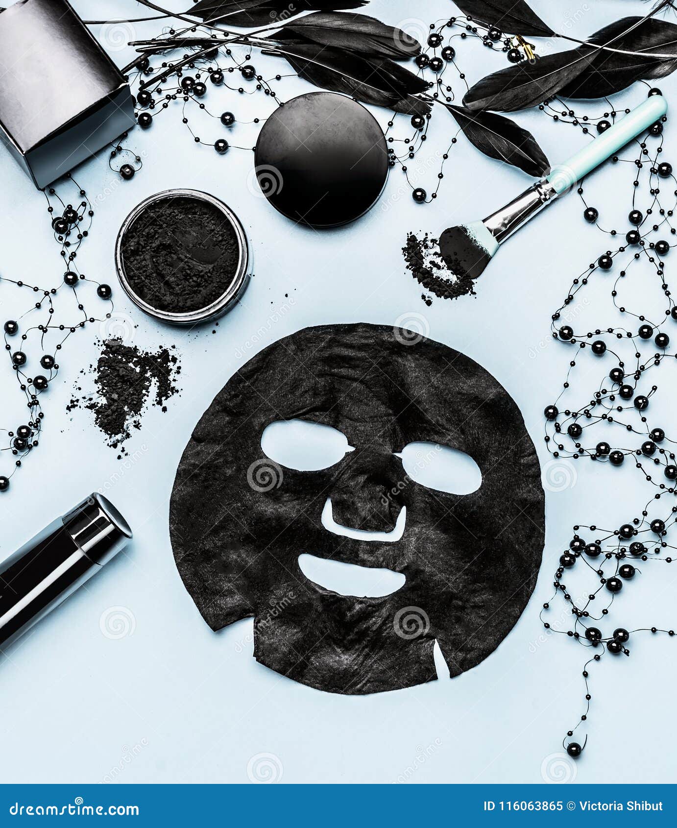 Download Black Sheet Mask And Cosmetic Products Setting With Activated Charcoal, Top View. Beauty Stock ...