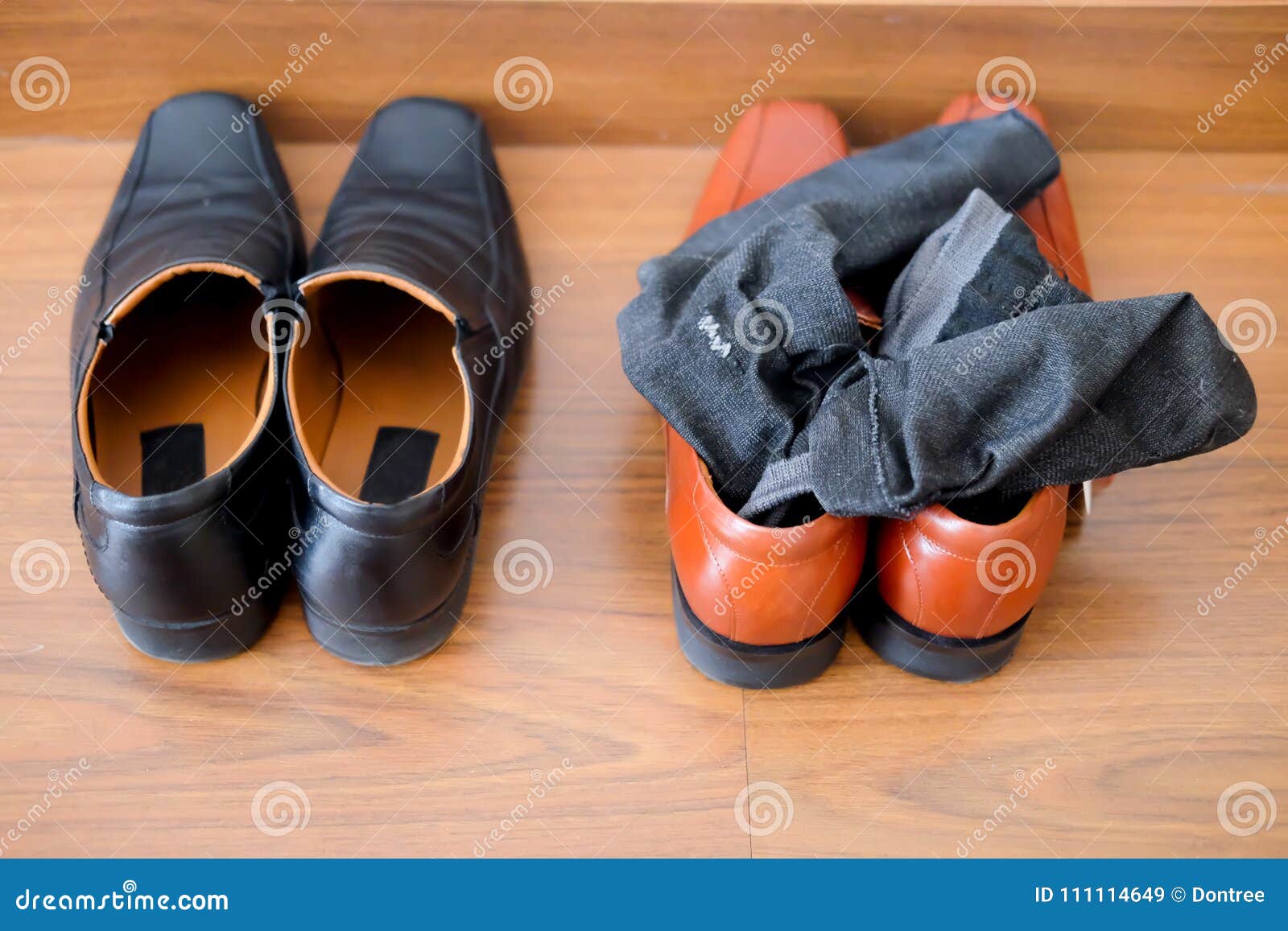 Black Shoes and Brown Male Shoes with Socks Stock Image - Image of male ...