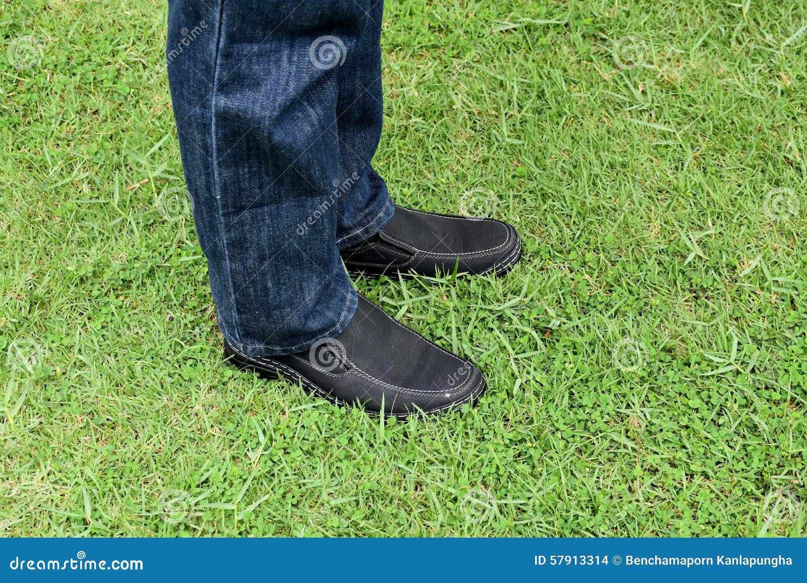 Black shoes on green grass stock photo. Image of fashion 57913314