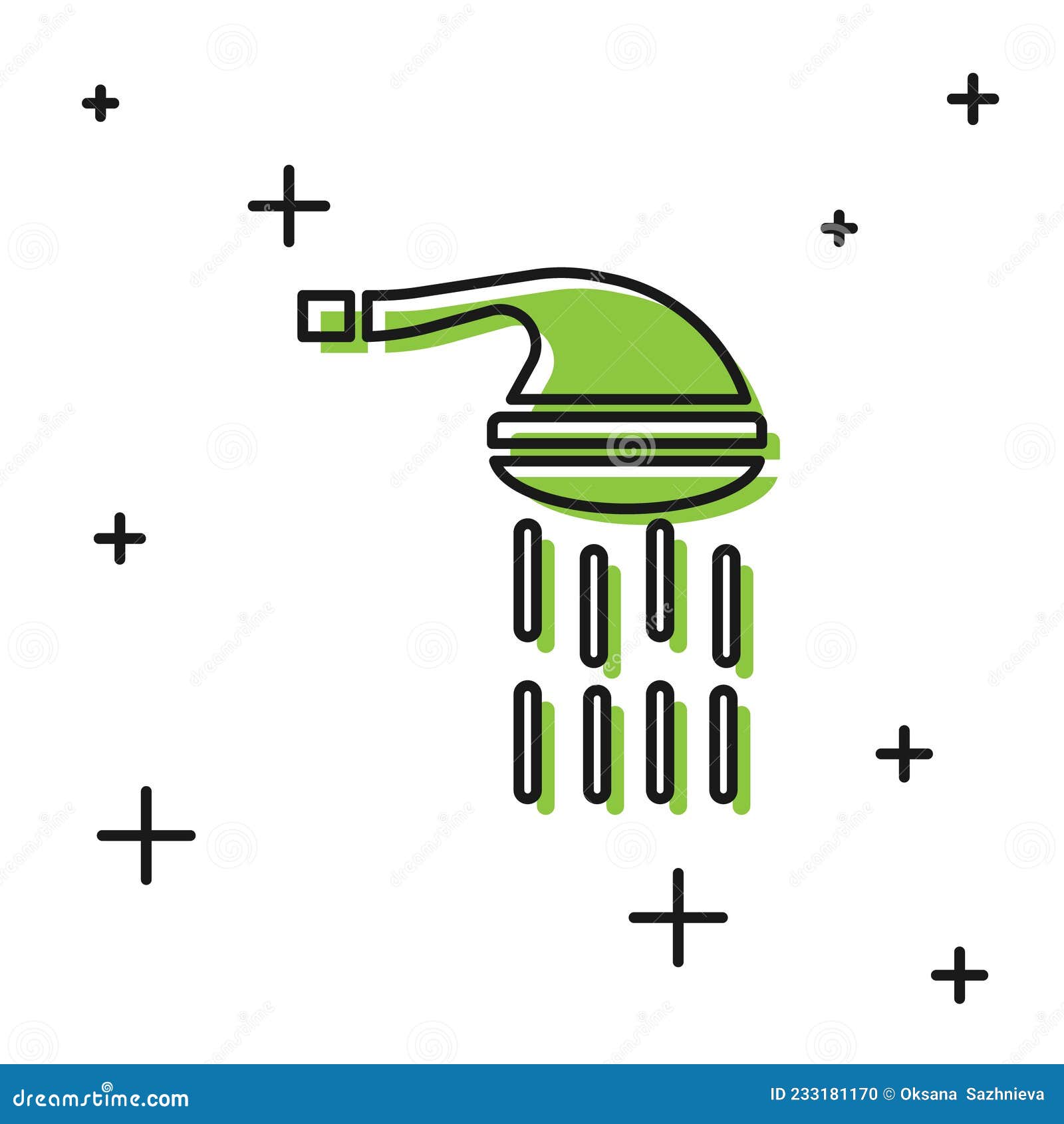 Black Shower Head with Water Drops Flowing Icon Isolated on White