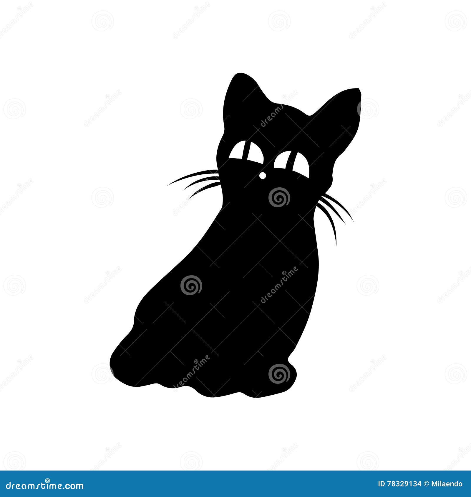 Black silhouette of a cat with big eyes. Black silhouette of a kitten with big eyes on a white background. Black cat sitting vector illustration