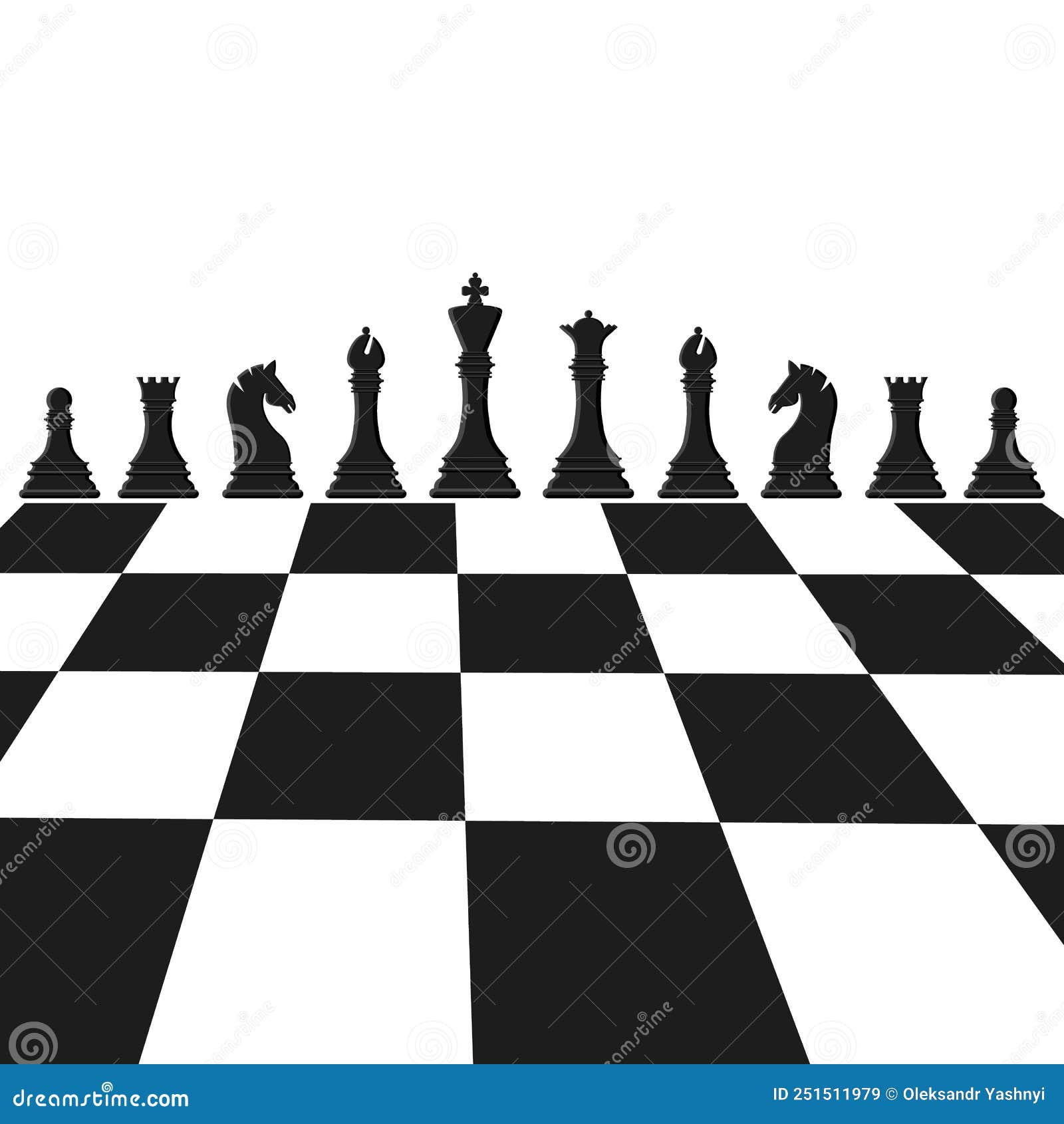 Black chess pieces. Queen pawn and king isolated. Chessboard