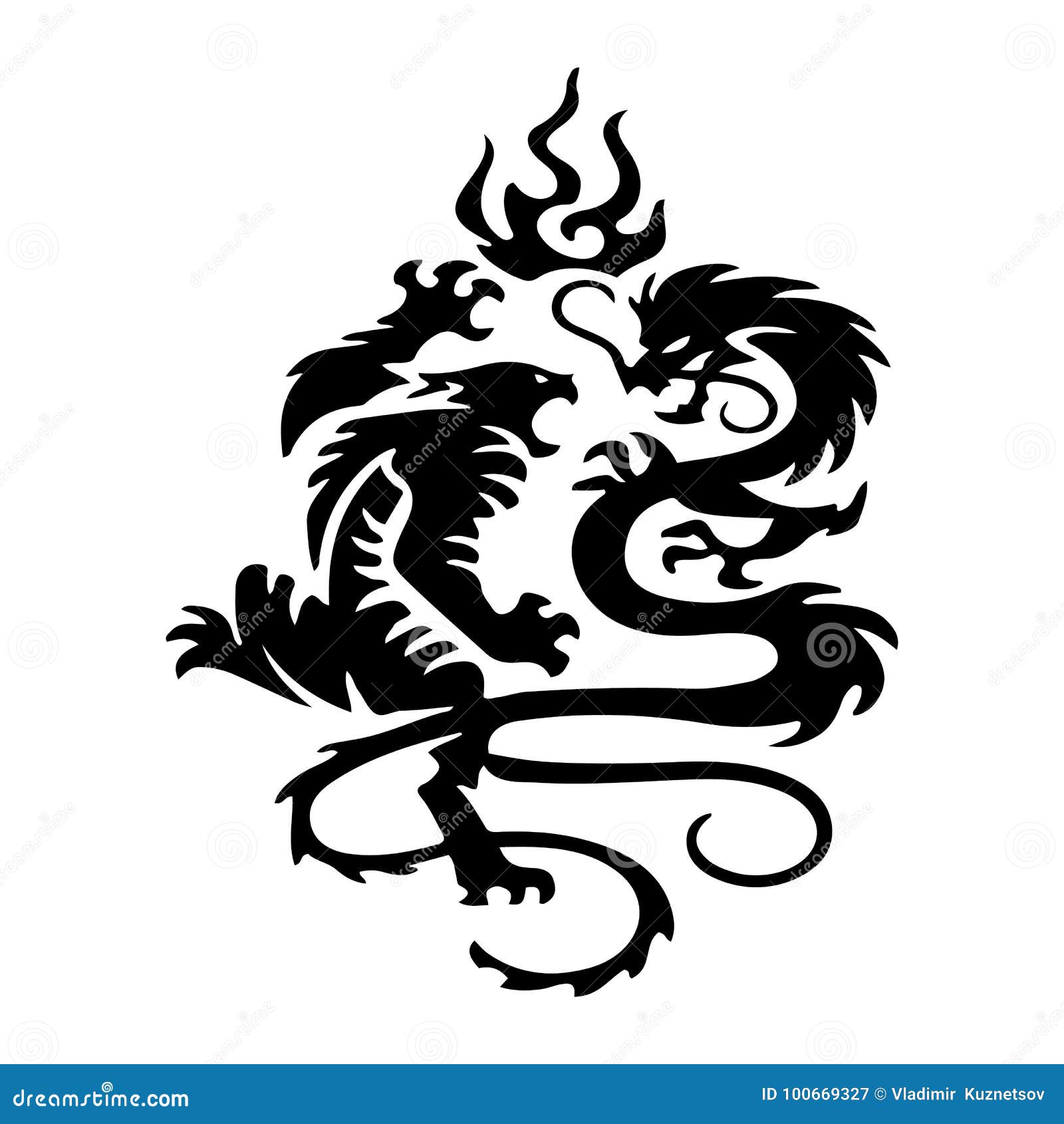 Black Silhouette Fighting Tiger and Dragon, Tattoo Isolated on W Stock ...