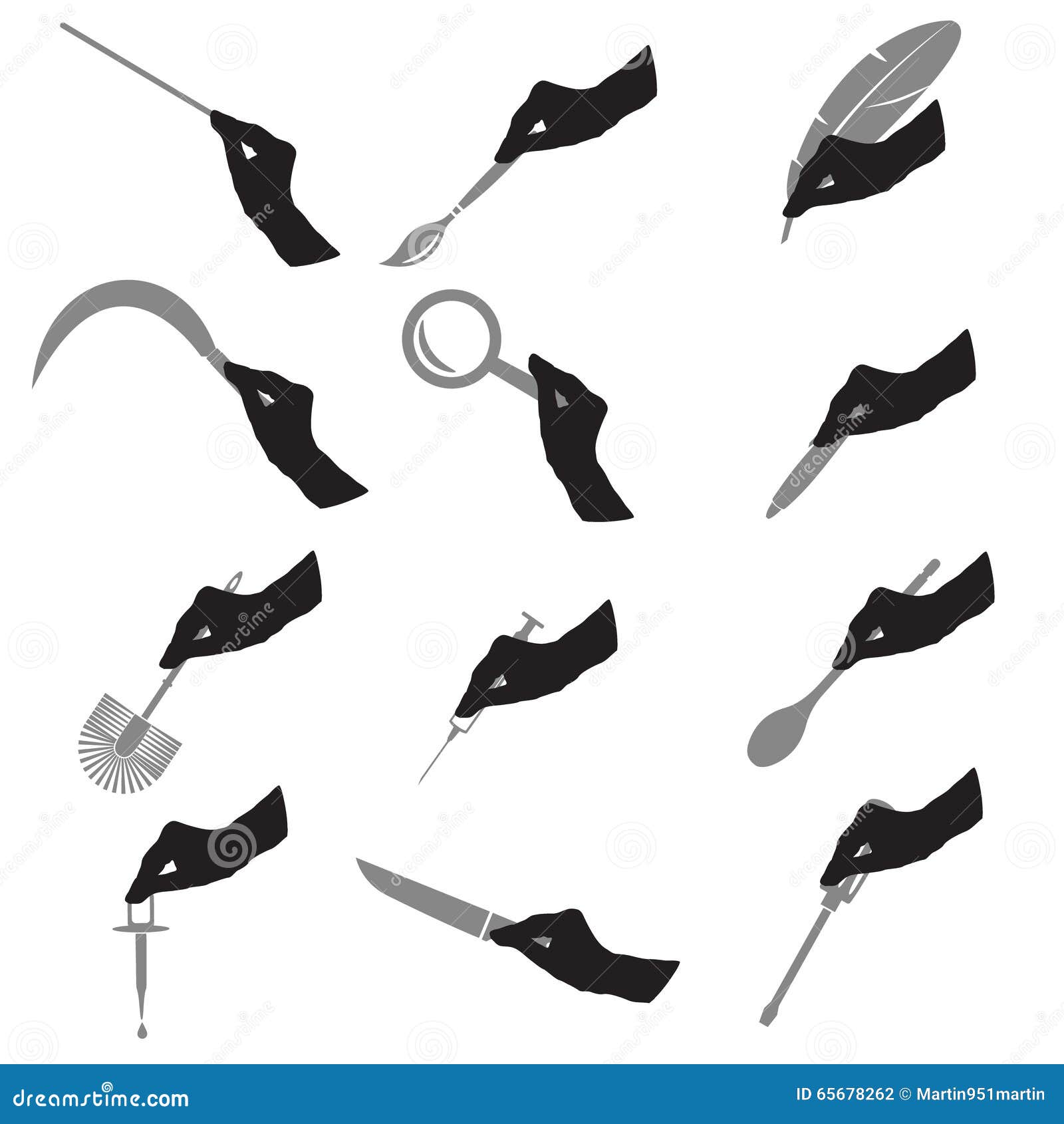 black silhouette of hans with various tools