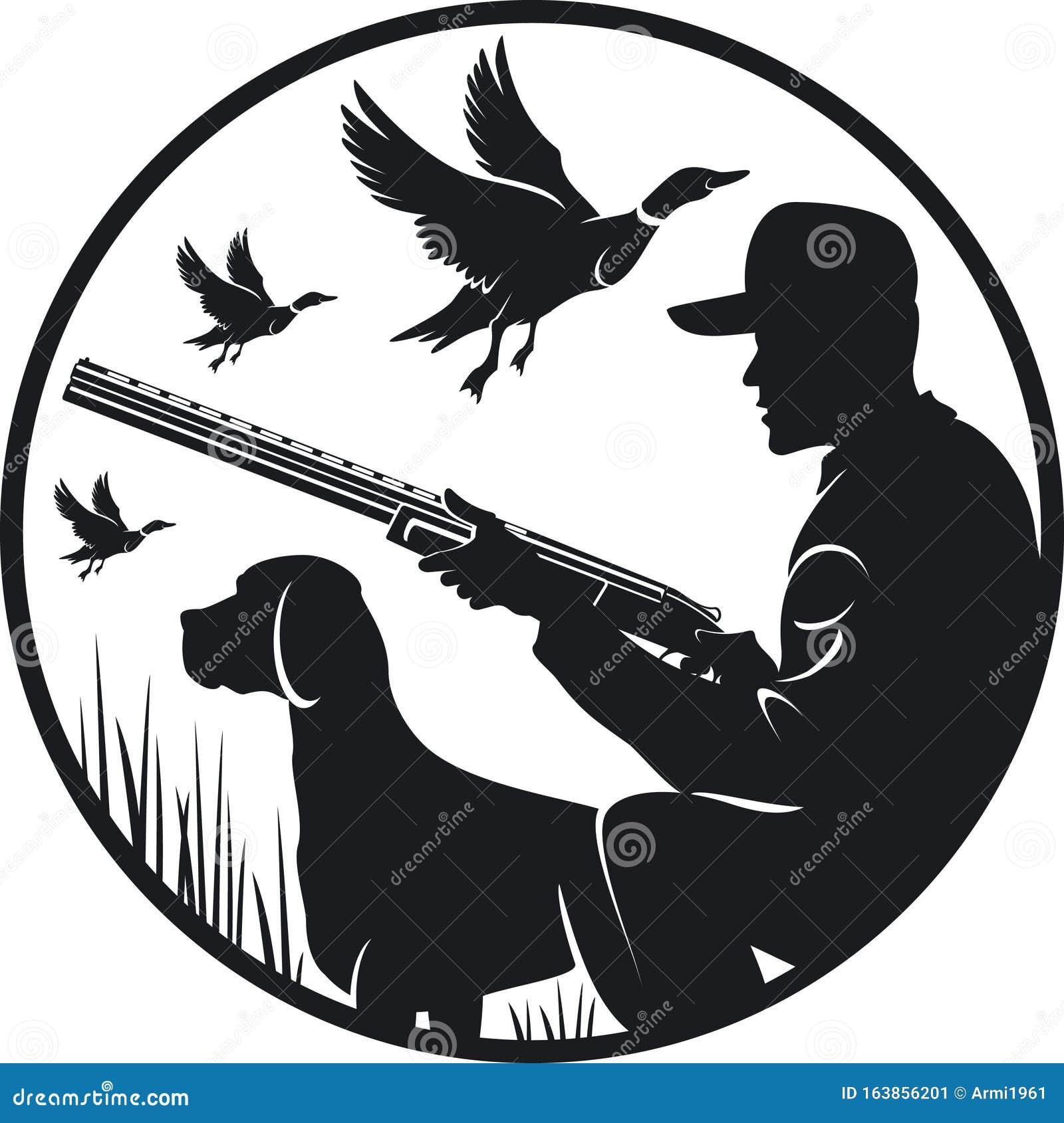 black silhouette of a hunter, with a dog, duck hunting