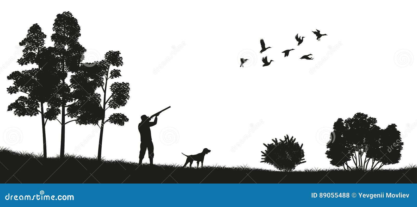black silhouette of a hunter with a dog in the forest. duck hunting. landscape of wild nature