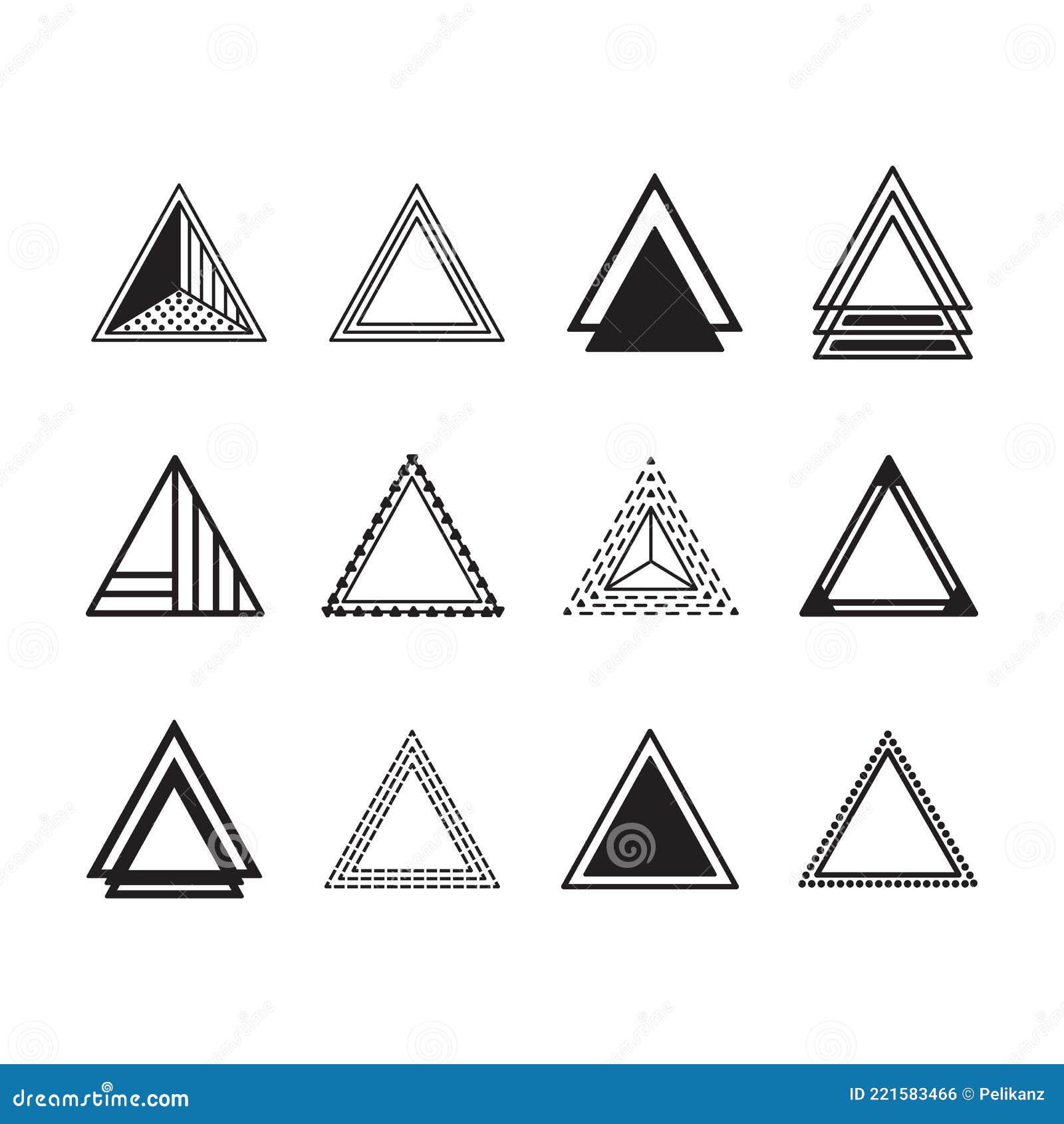black silhouette and line equilateral triangles motifs and icons set on white