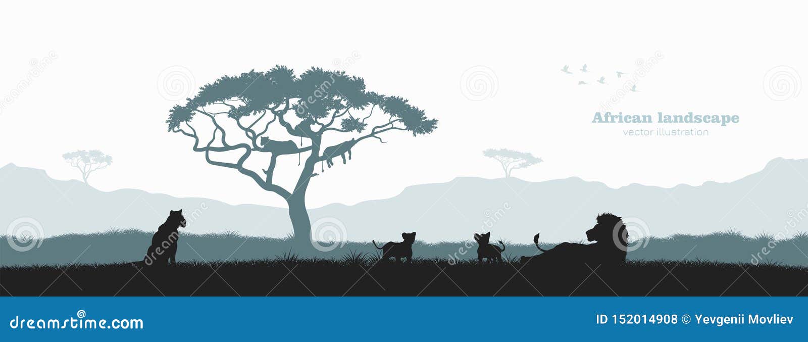 black silhouette of lion pride. landscape with wild african animals. scene of savannah wildlife. travel poster of africa