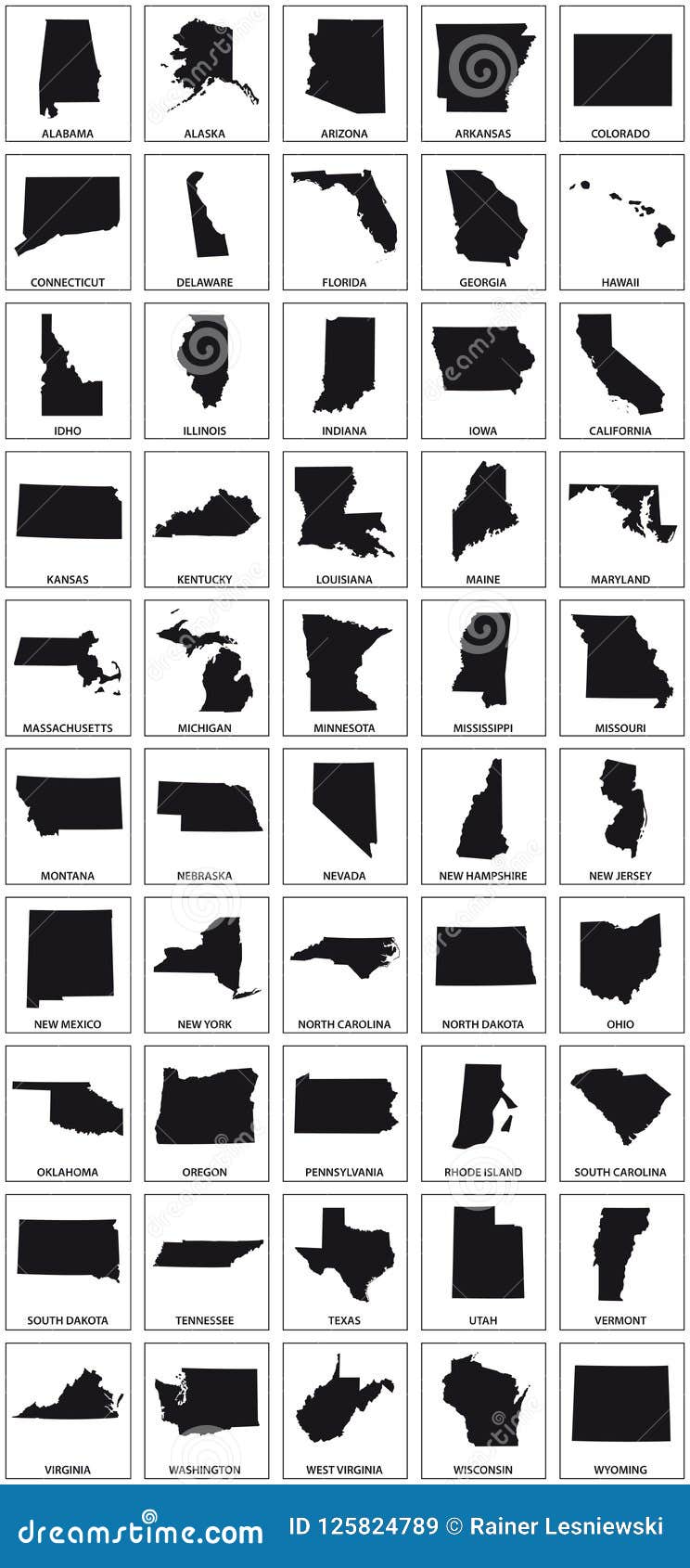 black silhouette maps of 50 us states