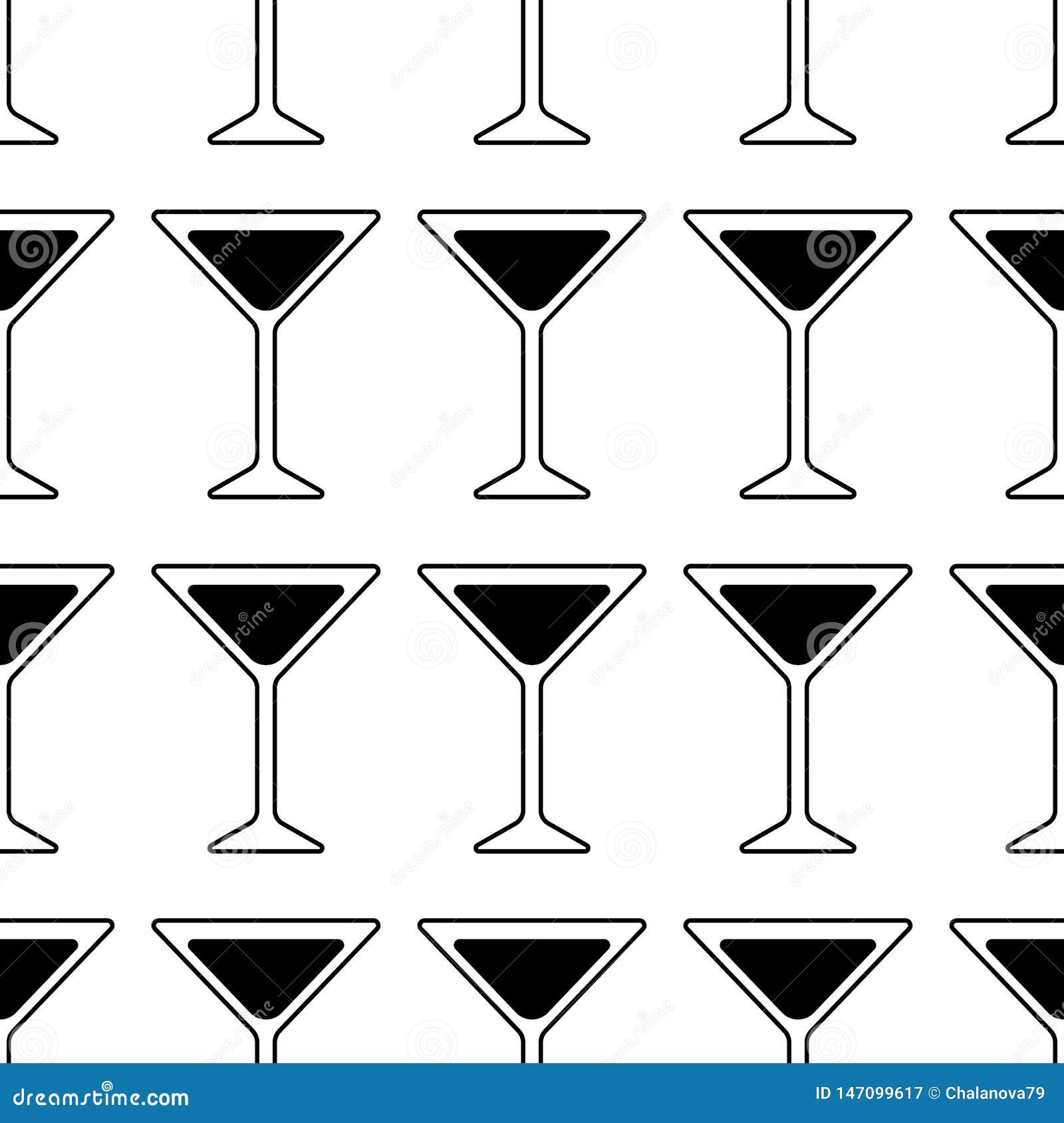 Black Silhouette of a Martini Glass. Cocktail Icon. Seamless Pattern