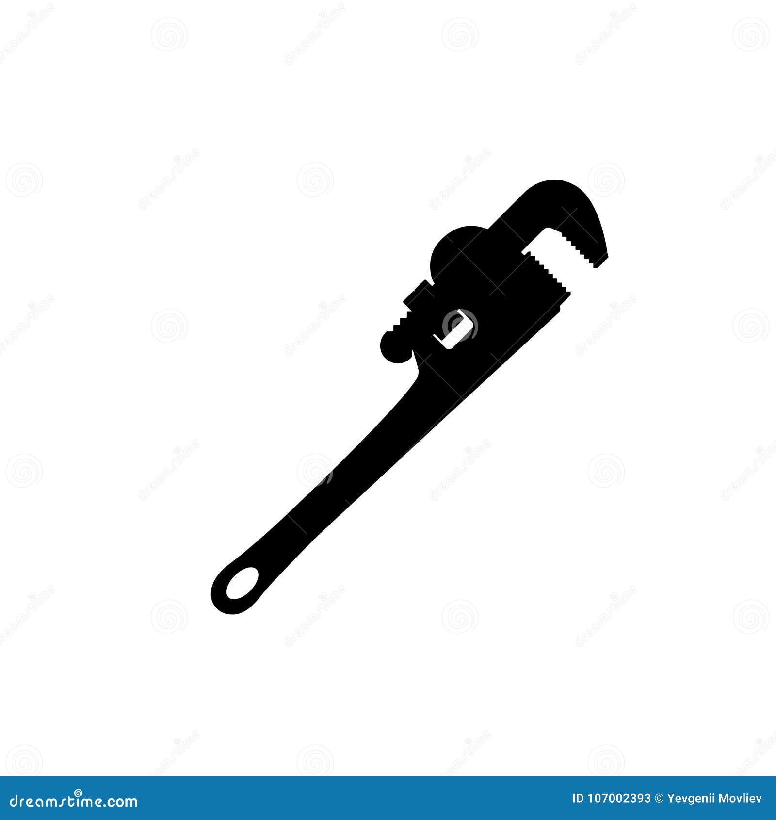 black silhouette of pipe wrench on white background.  drawing