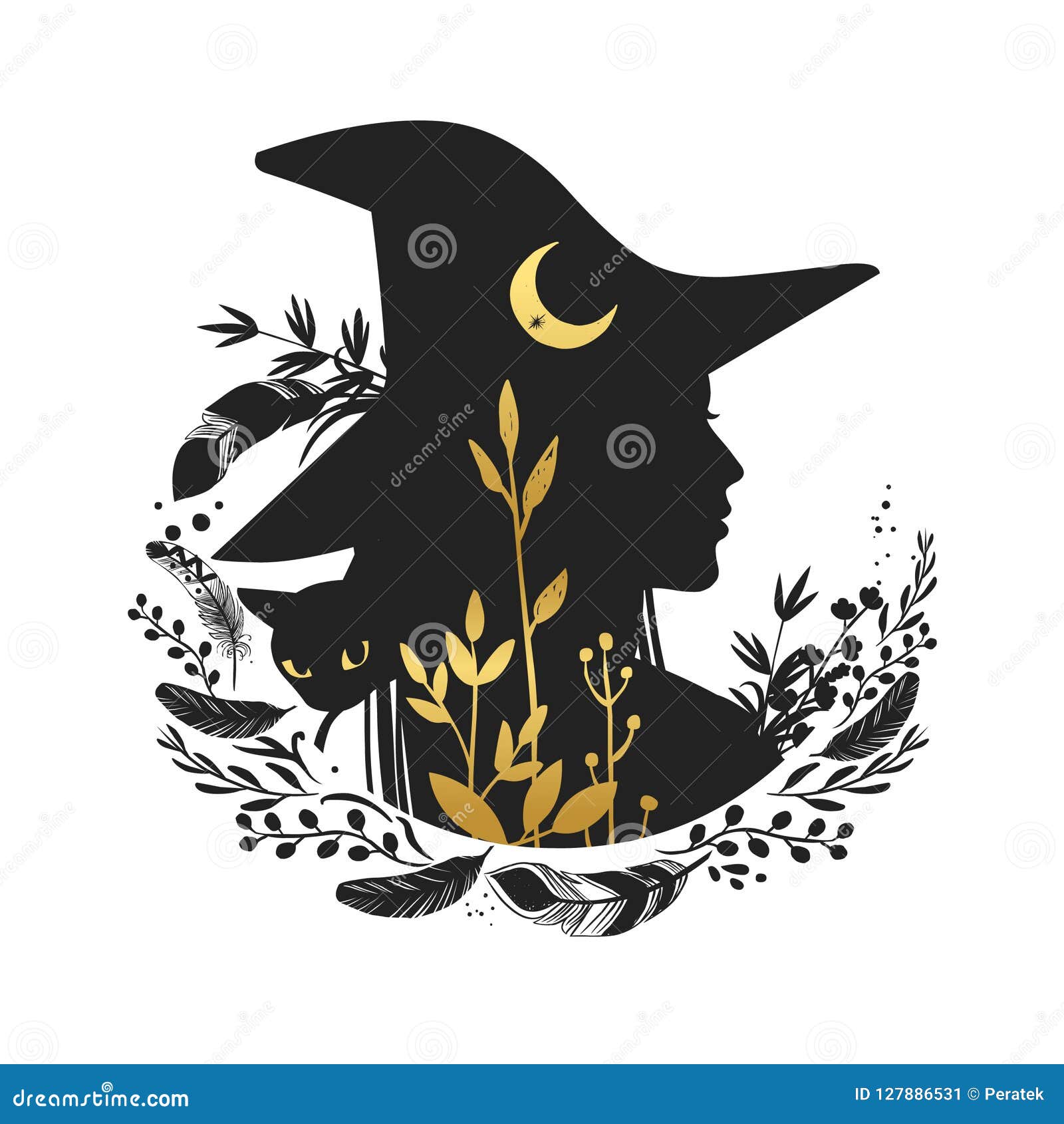 silhouette of beautiful young witch with moon and wild herbs.  