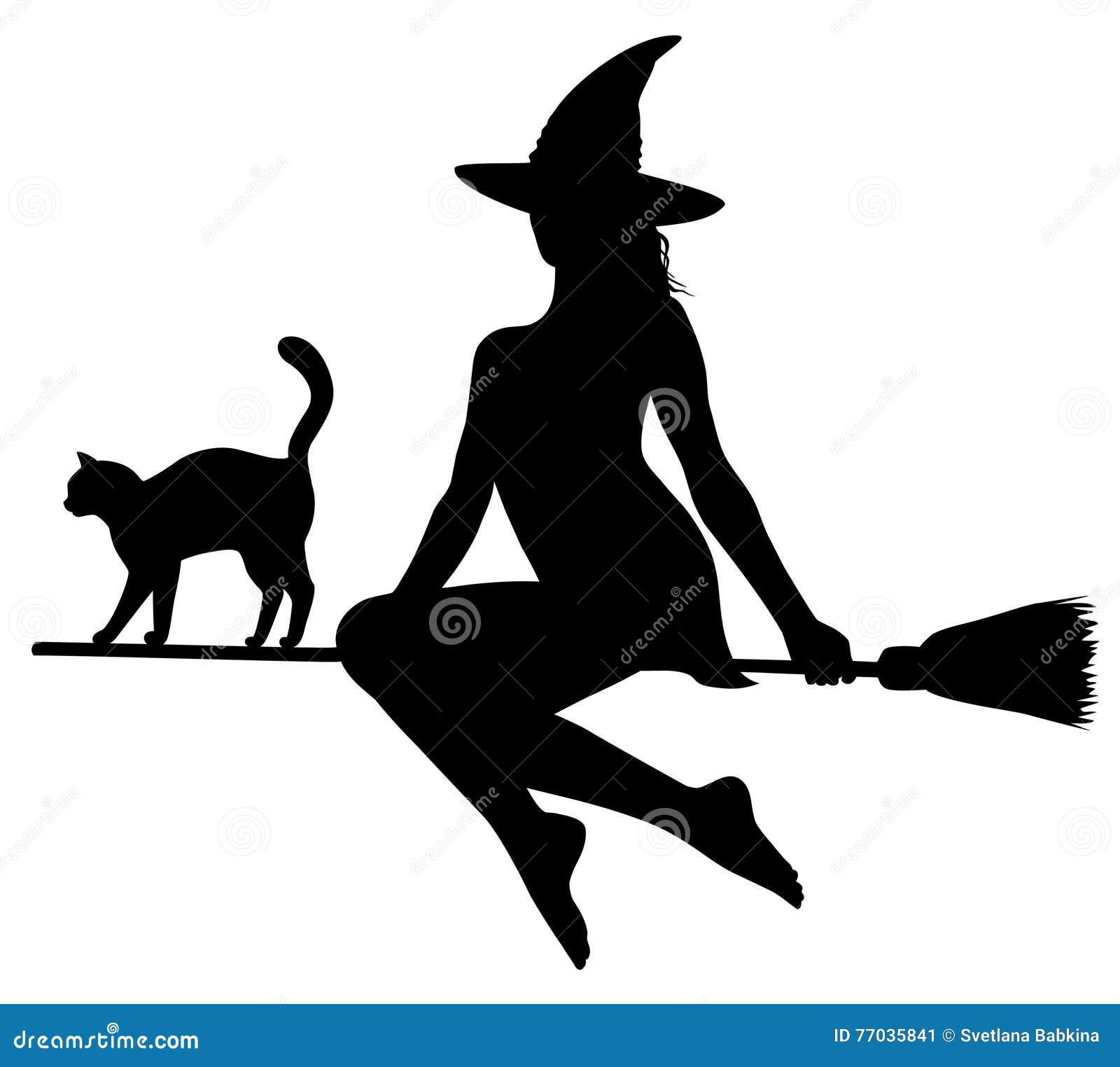 Black Silhouette of Witch and Cat on Broomstick. Stock Vector