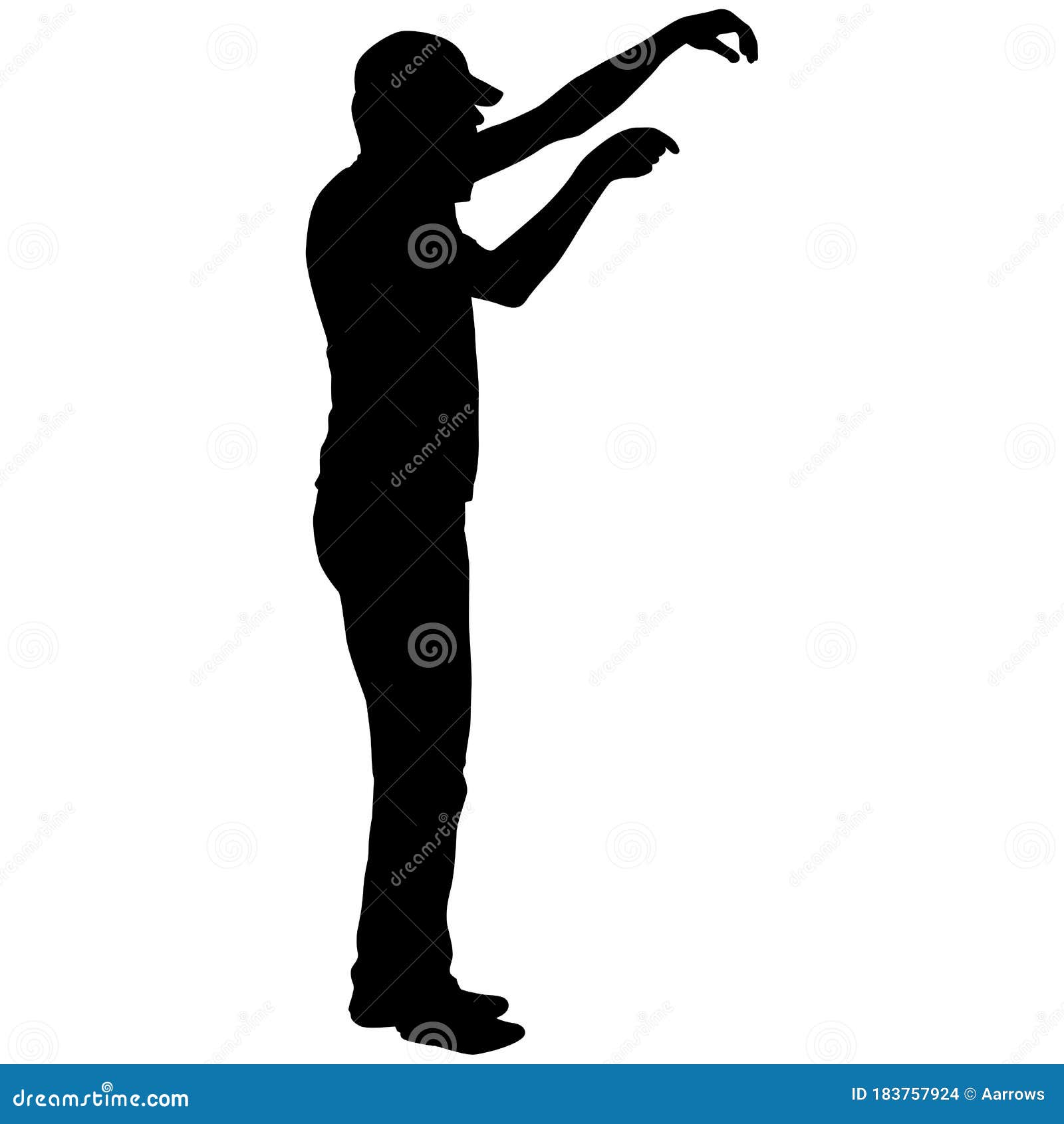 Black Silhouettes Man with Arm Raised on a White Background Stock