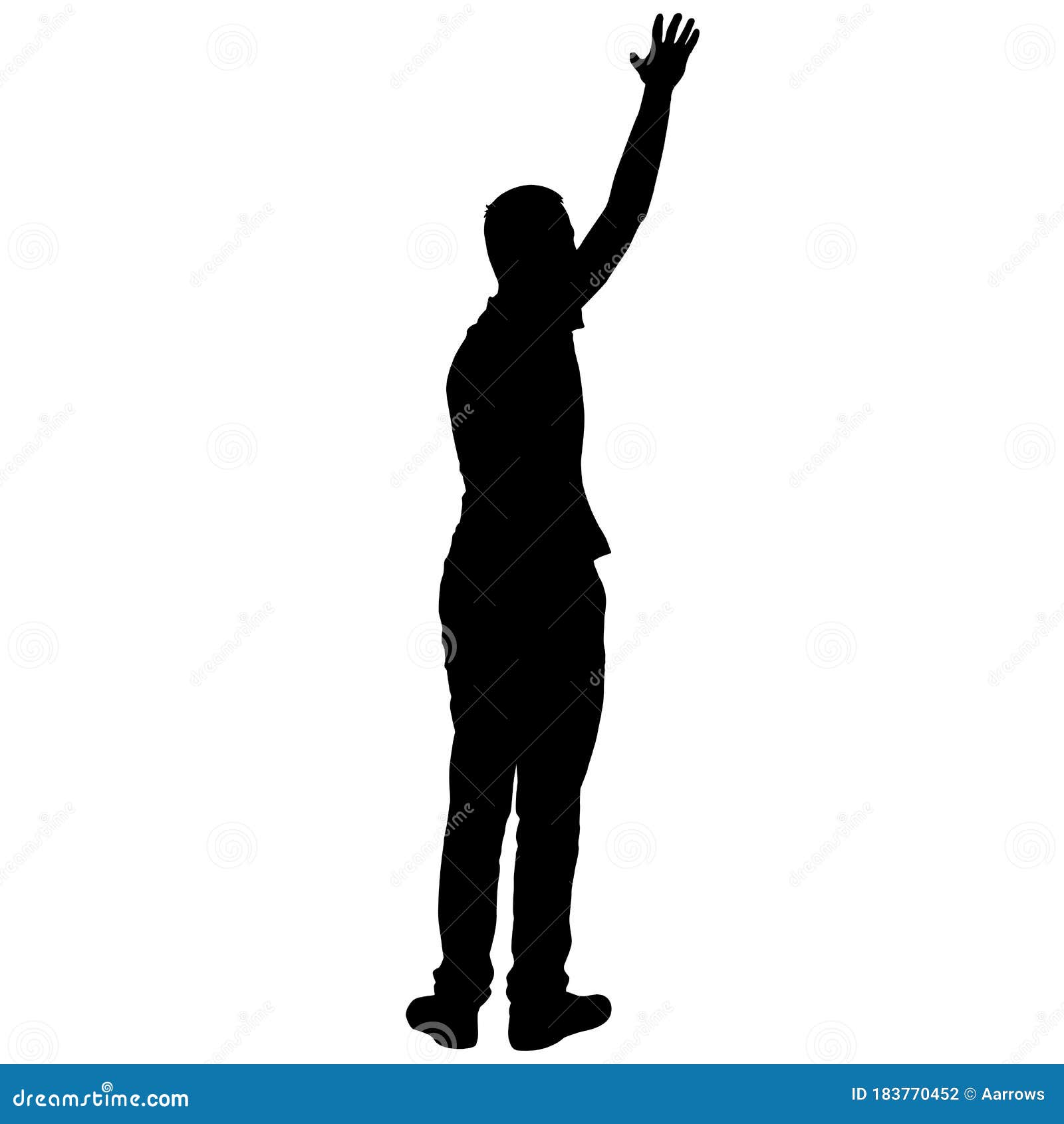 Black Silhouettes Man with Arm Raised on a White Background Stock