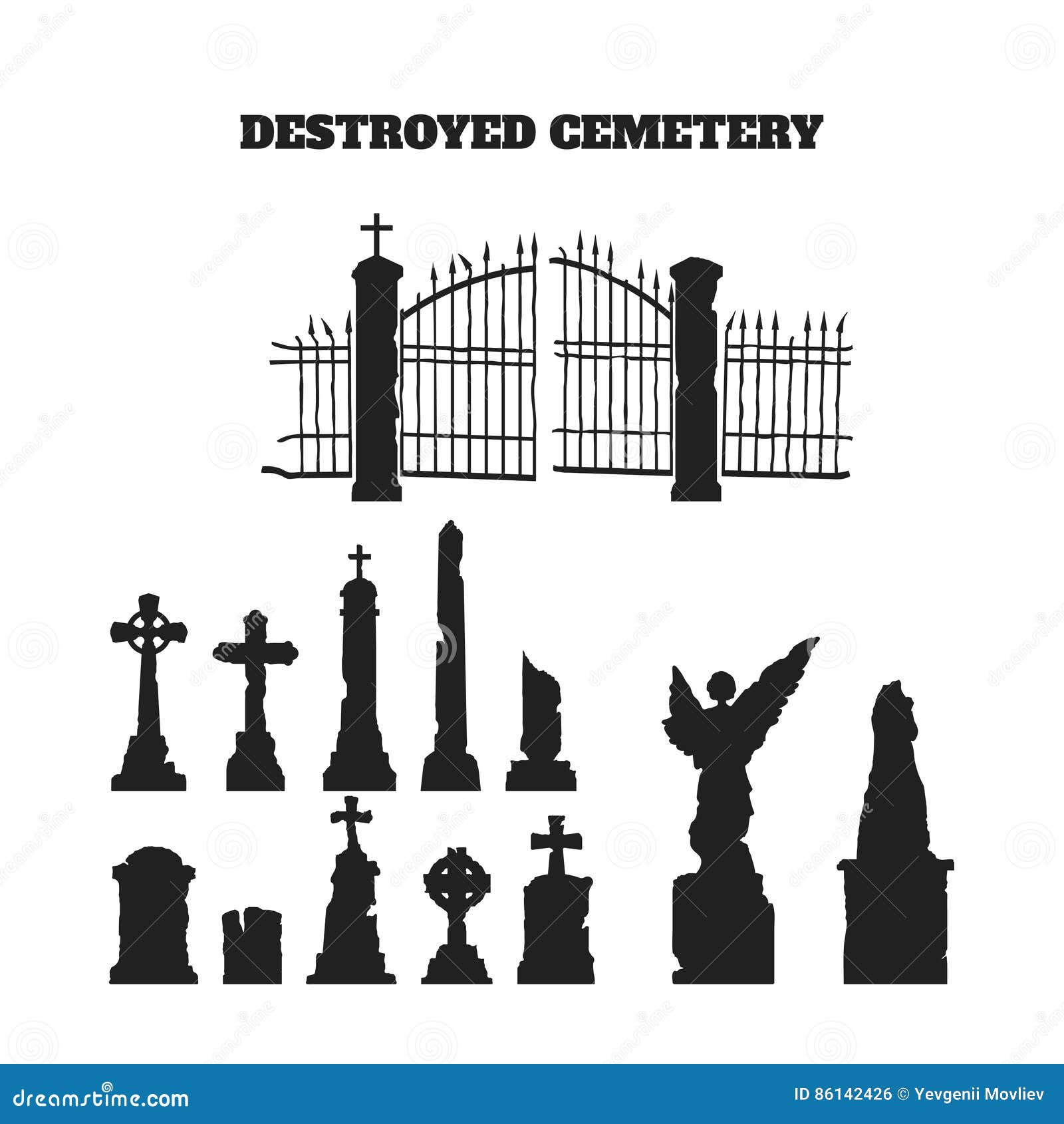 black silhouettes of tombstones, crosses and gravestones. s of cemetery