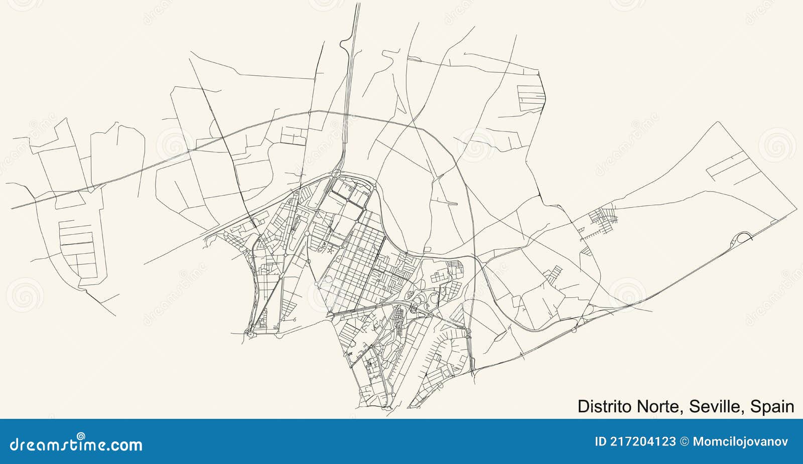 street roads map of the distrito norte district of seville, spain