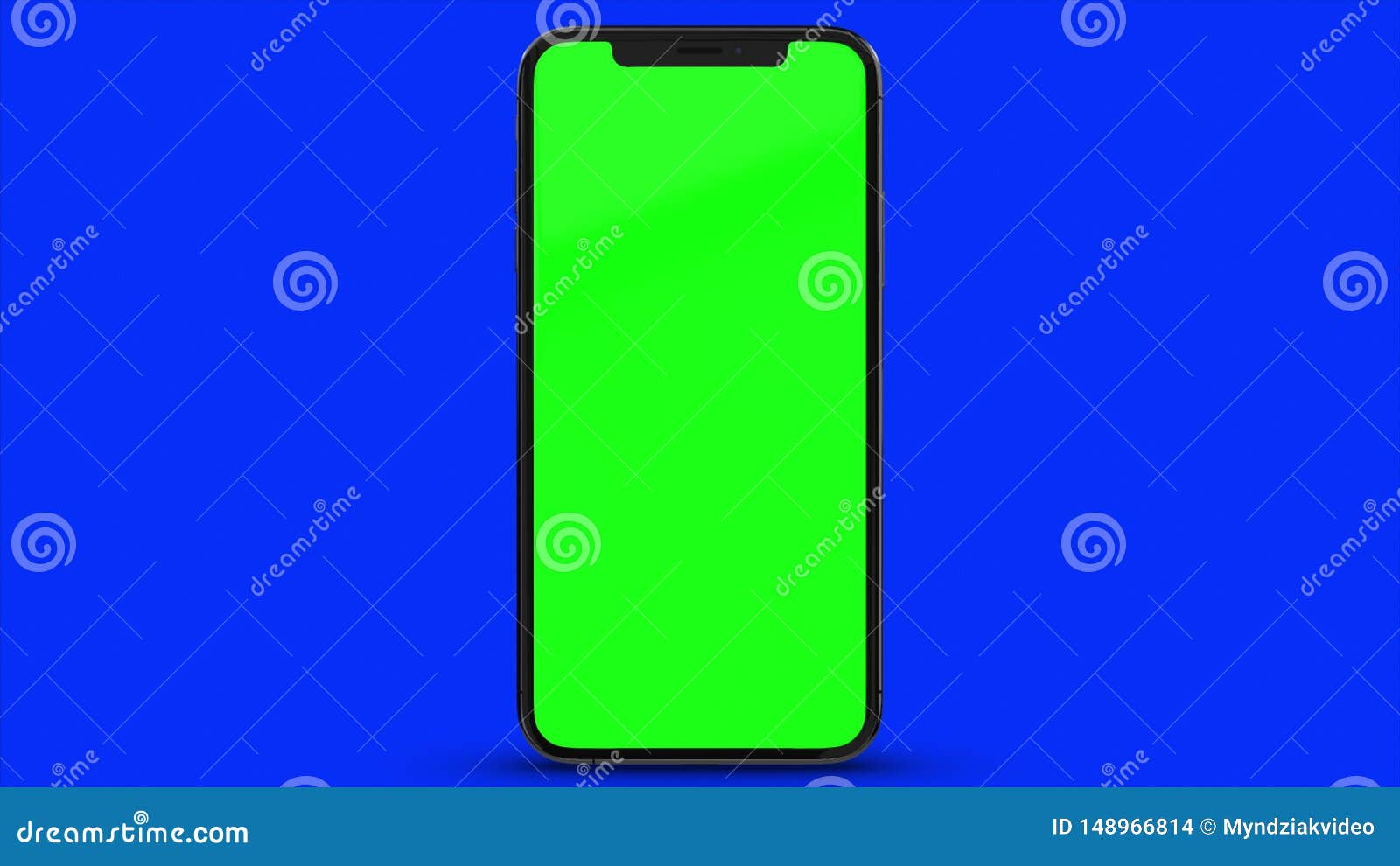 Black Smartphone Turns on on Blue Background. Easy Customizable Green Screen. Computer Generated