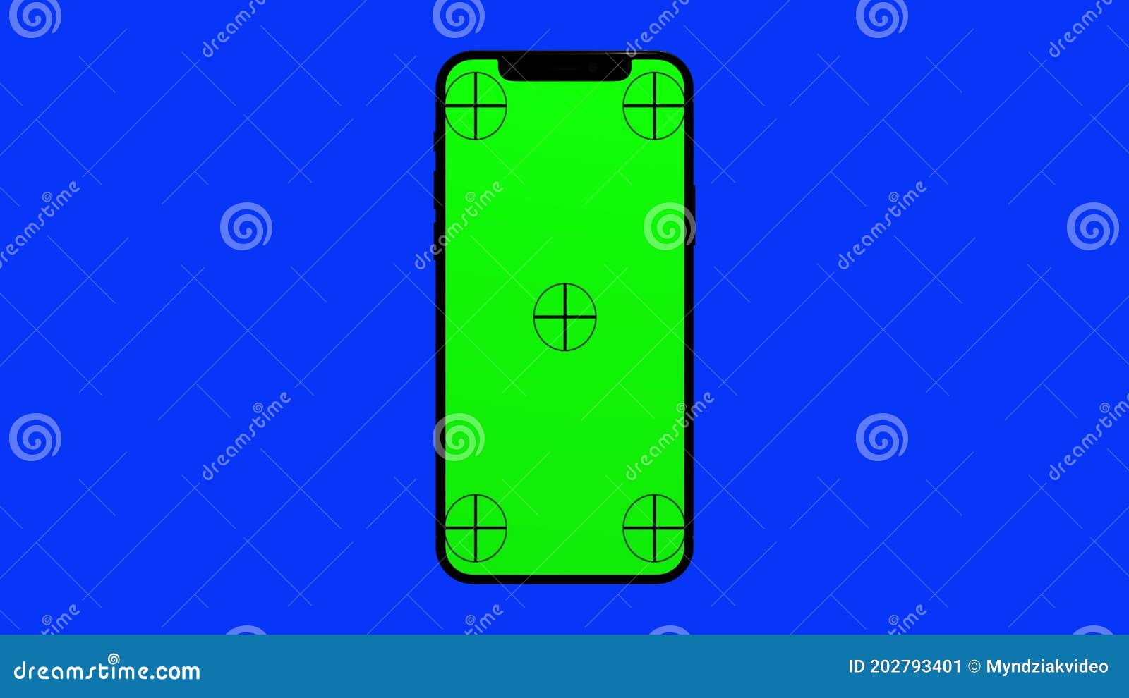 Black Smartphone Turns on on Blue Background. Easy Customizable Green Screen. Computer Generated
