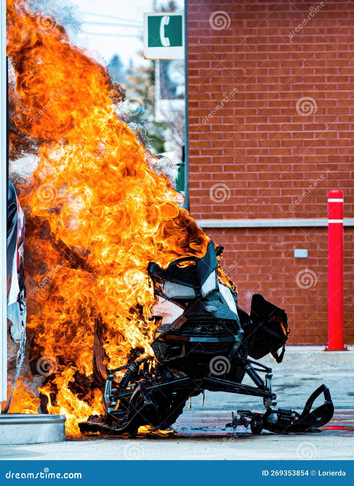 Black Snowmobile on Fire at a Gas Station Stock Photo Image of flower
