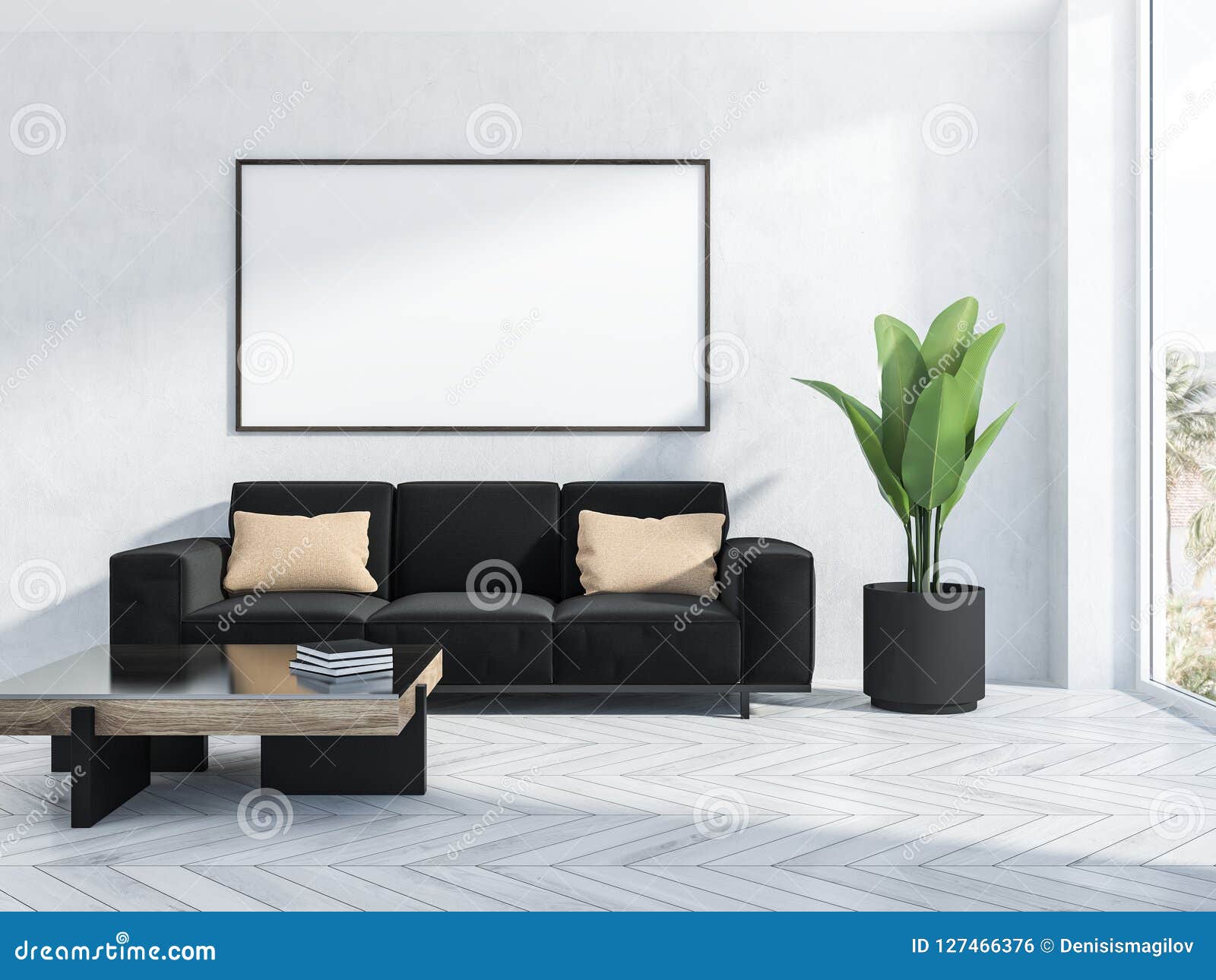 Black Sofa And Poster Living Room Interior Stock Illustration Illustration Of Modern