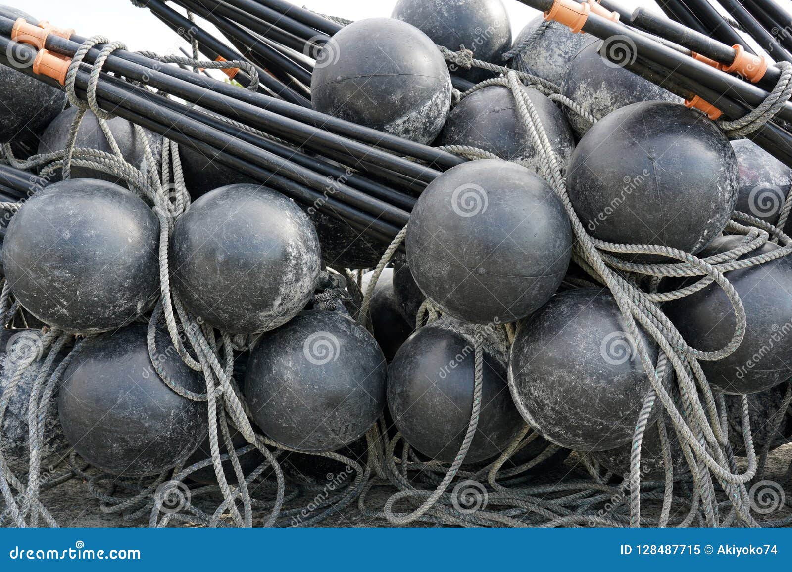 Black Spherical Plastic Floats of Fishing Nets Stock Image - Image