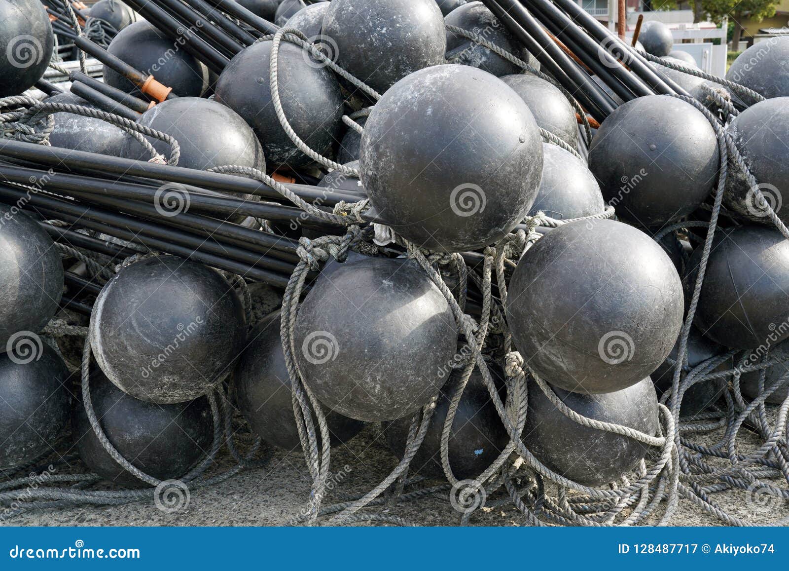 Black Spherical Plastic Floats of Fishing Nets Stock Image - Image