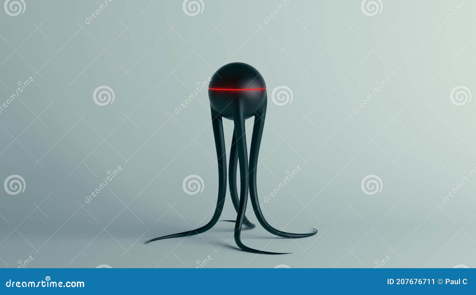 black spheroid alien with long tentacles and red stripe with alien text