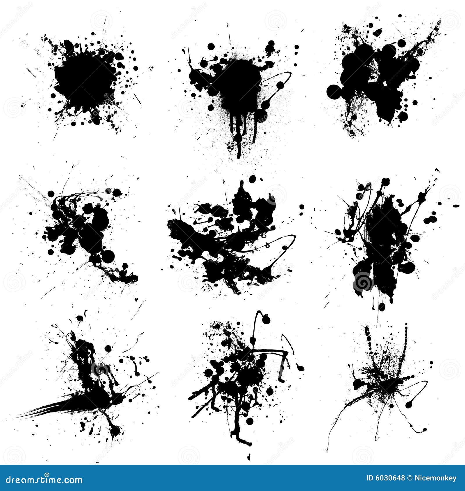 Black splat collect. Collection of nine black and white ink splat stains