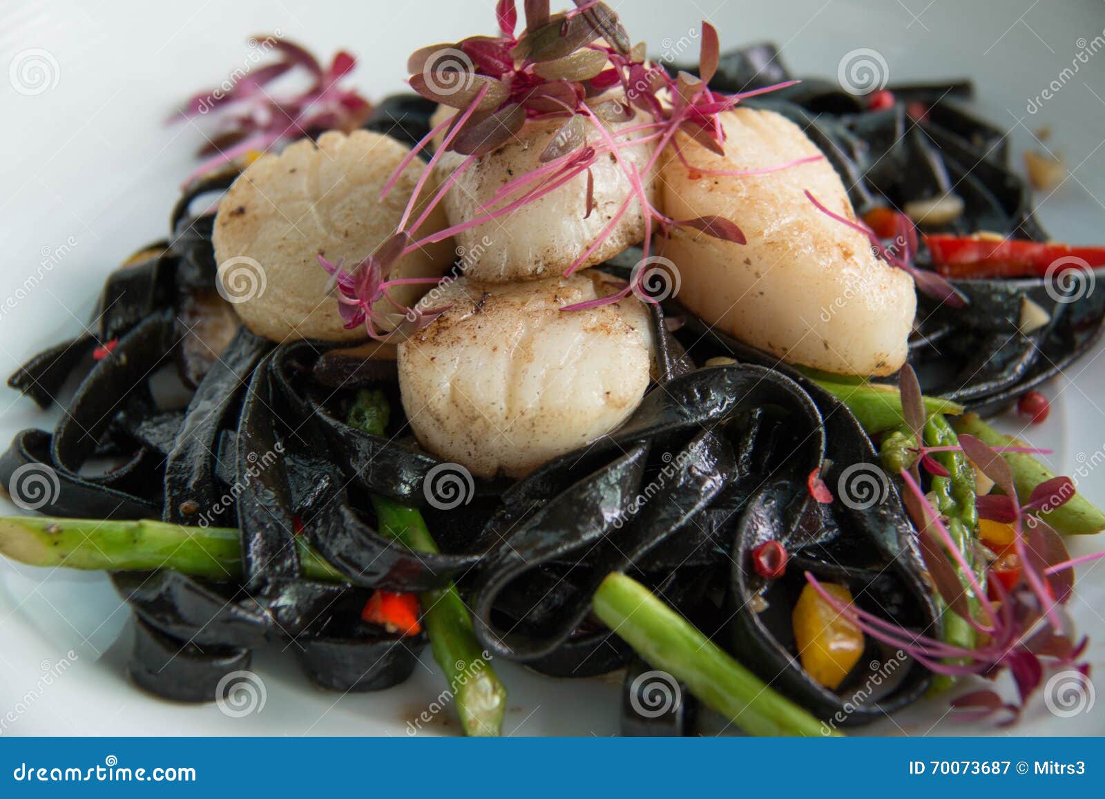 Black Squid Ink Pasta is Paired with Scallops Stock Image Image of