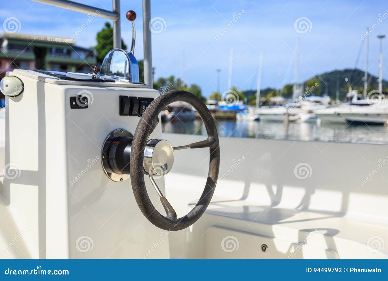 Black Steering Wheel on Speed Boat at Pier Stock Photo Image of sail