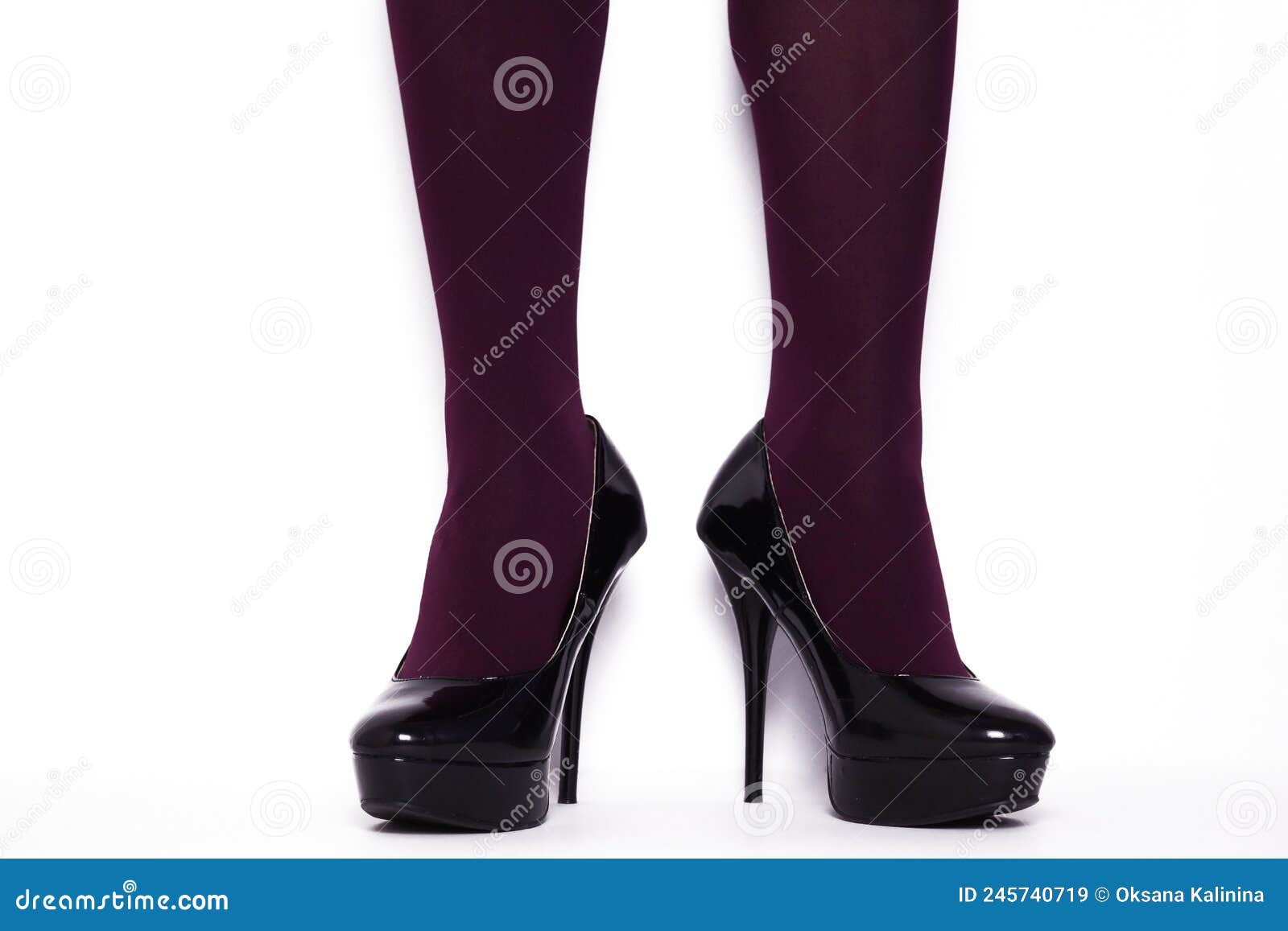 Black Stilettos With High Heels And Purple Stockings Stock Image