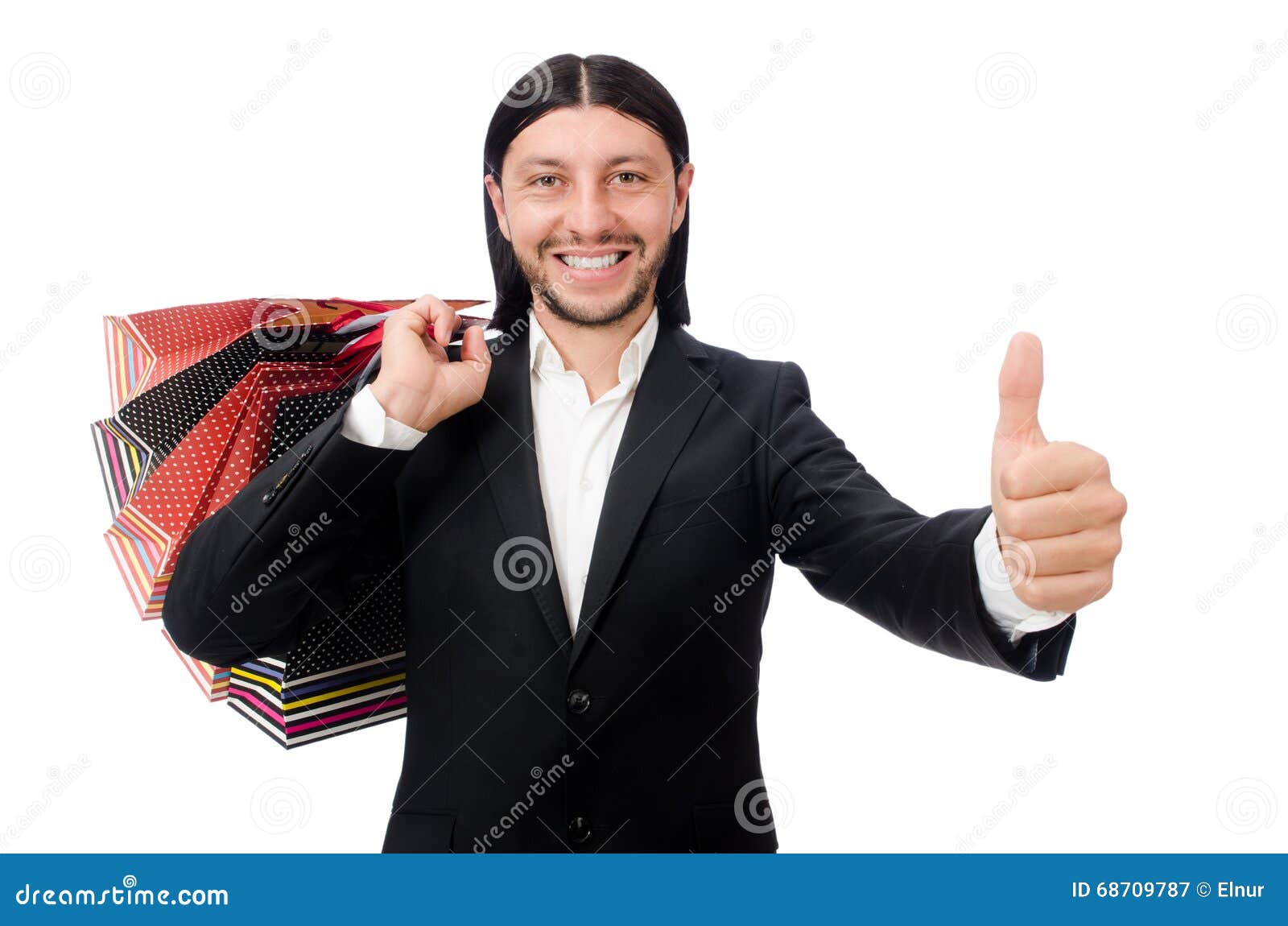 The Black Suit Man Holding Plastic Bags Isolated on White Stock Image