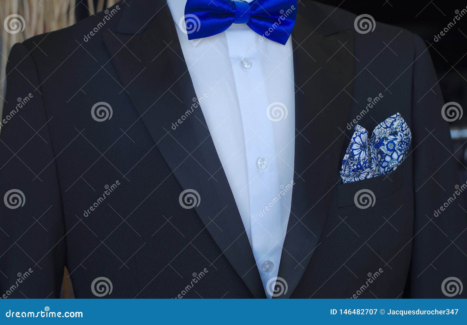 Classic Style Black Suit Blue Bowtie Elegant Menswear Stock Image