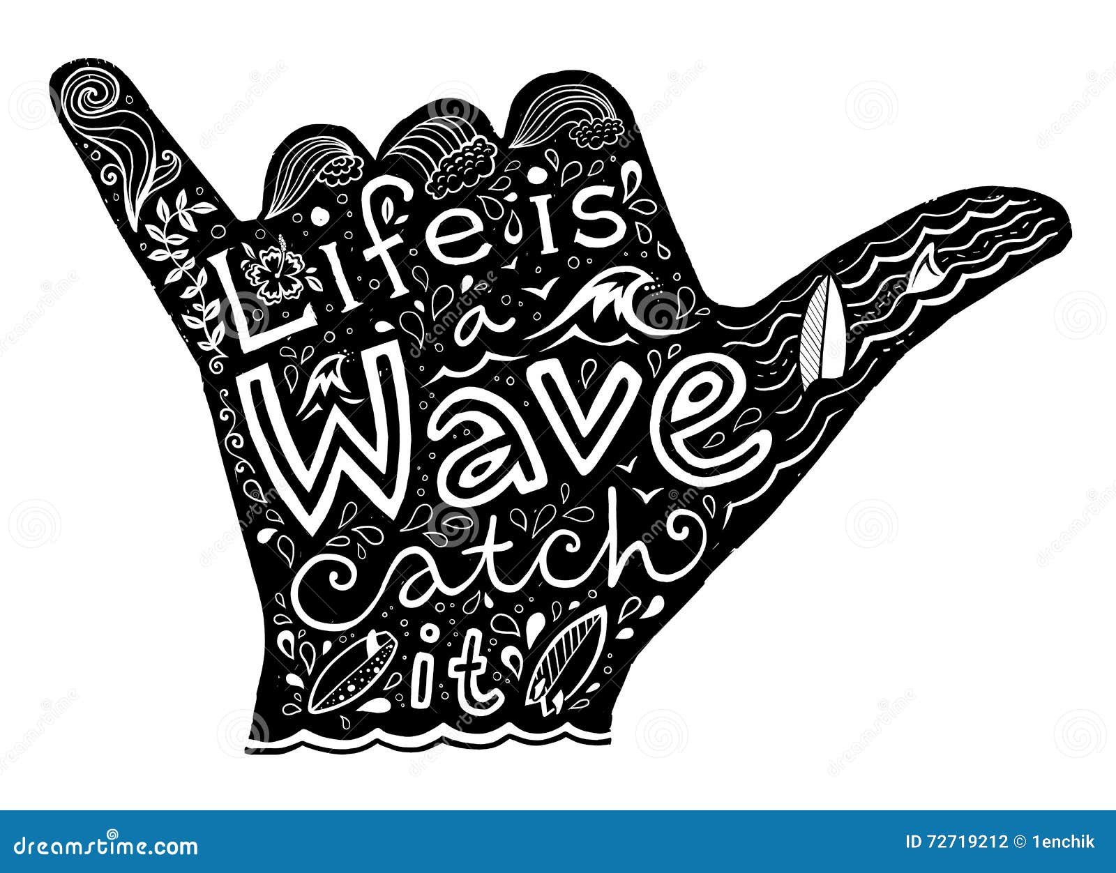 Black Surfer Shaka Silhouette With White Hand Drawn Lettering Stock
