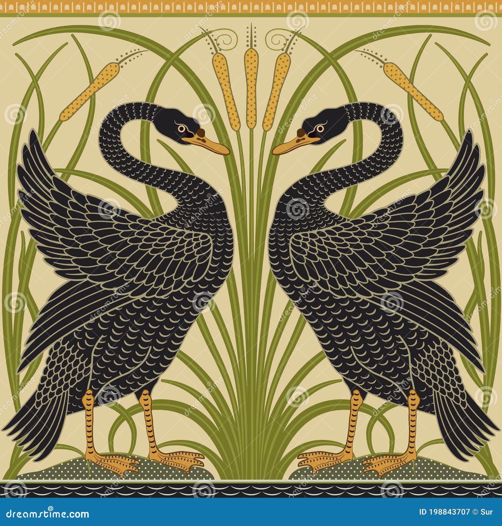 black swan and reeds decorative border pattern on light background.  .