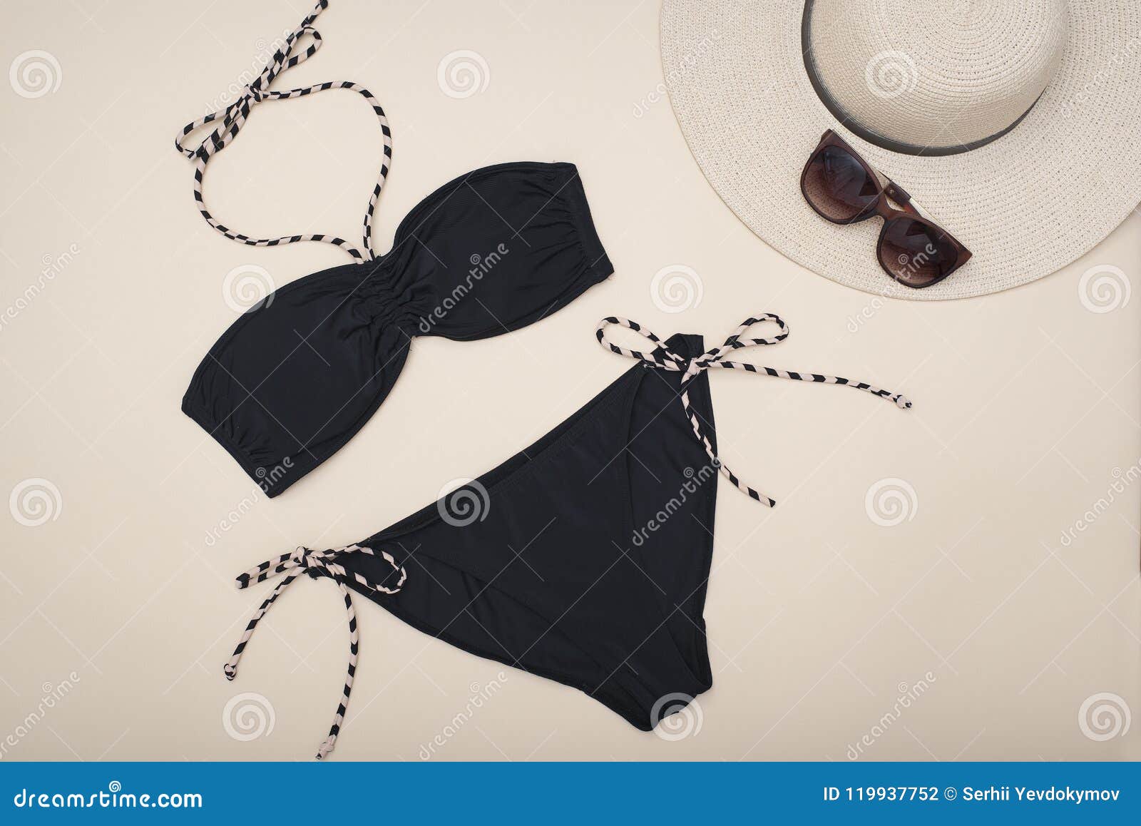 Black Swimsuit, Hat and Sunglasses. Beach Wardrobe Stock Photo - Image ...