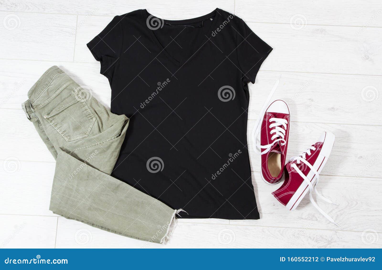 Download Black T-shirt Mock Up On Wooden Background, Casual Clothes ...