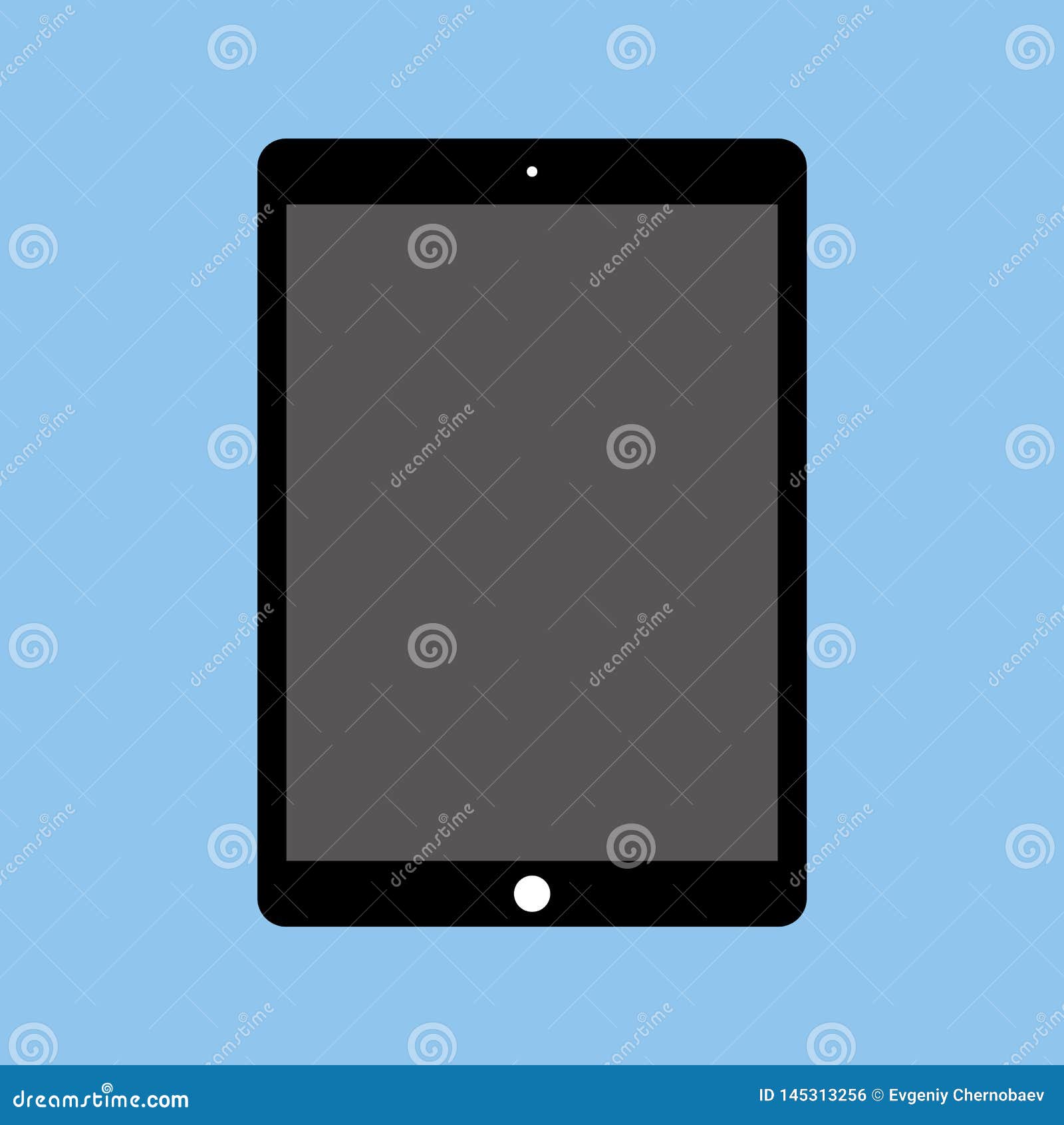 Black Tablet with Camera and Grey Screen on Blue Background. Black