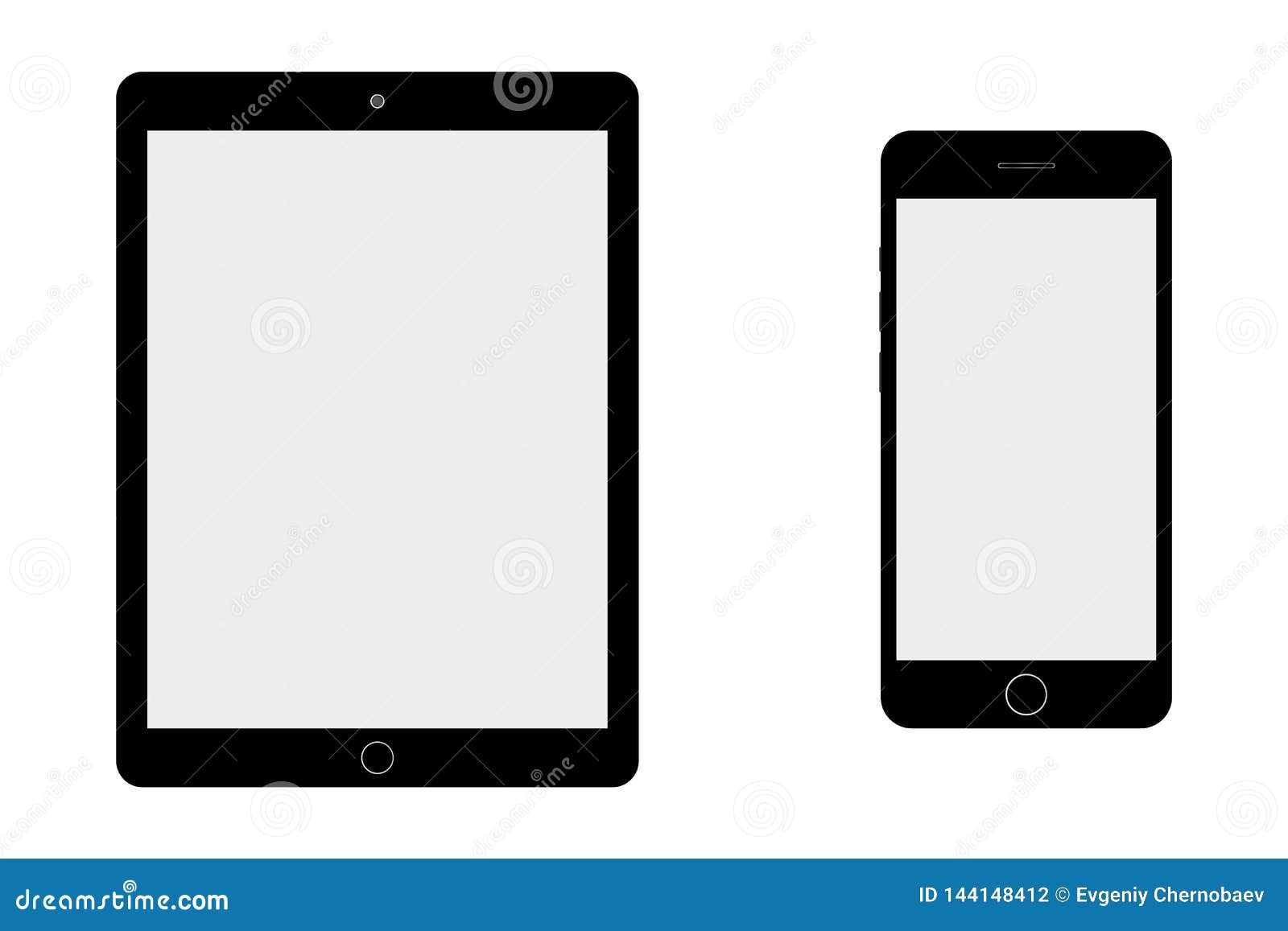 Black Tablet and Smartphone Grey Screen on Blue Background. Smartphone