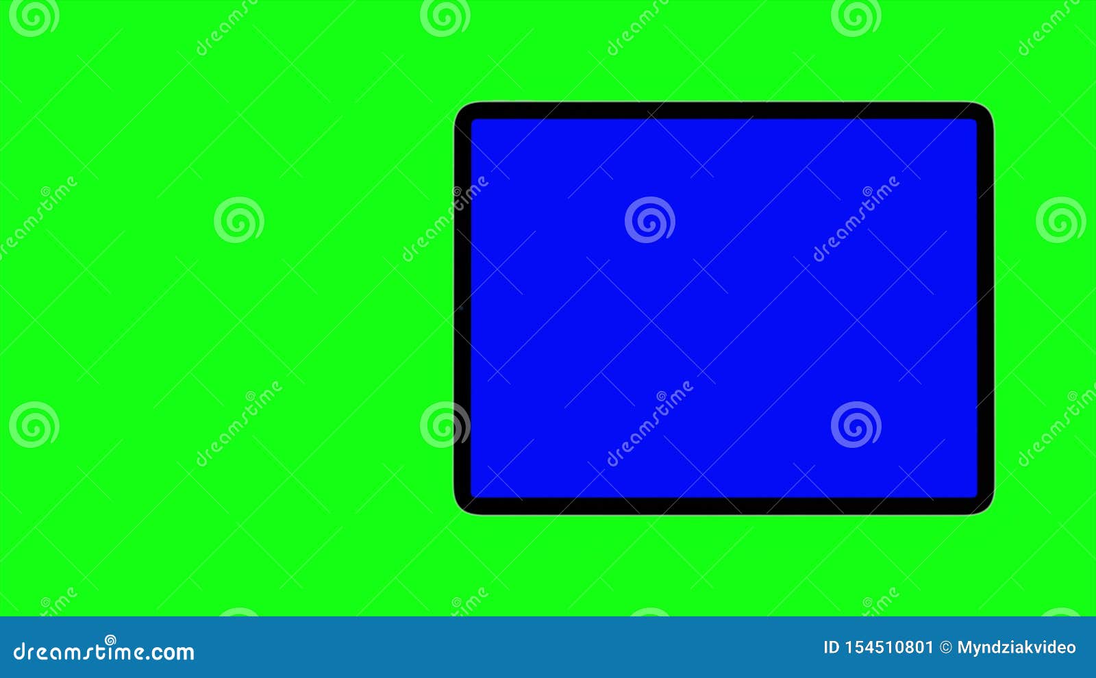 black tabletpc turns on on green background. easy customizable blue screen. computer generated image.