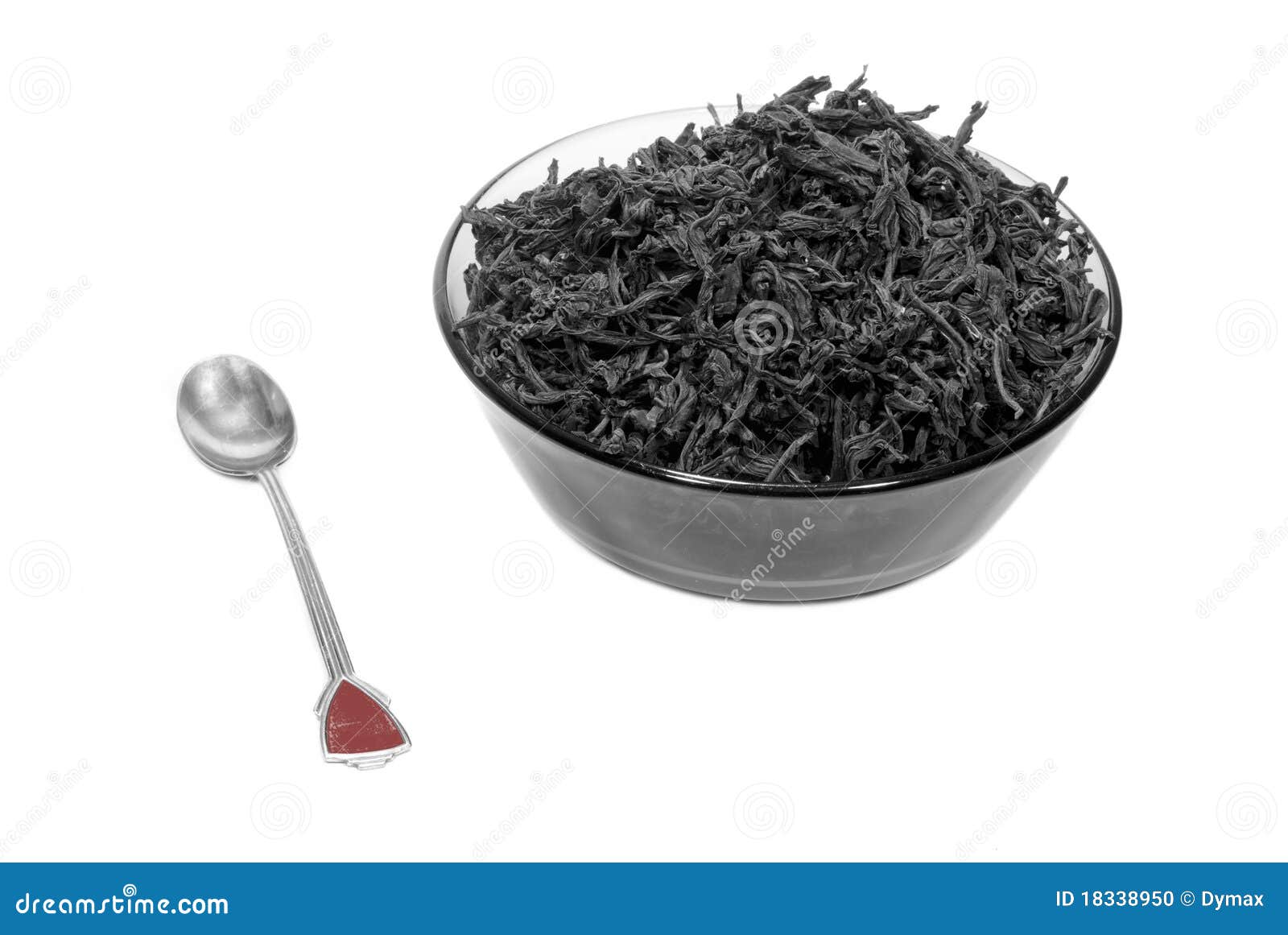 Black Tea Leaves in Glass Dishes with Silver Spoon Stock Photo Image