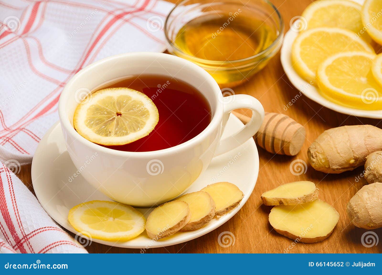 Black Tea with Lemon, Ginger and Honey on the Wooden Table. Stock Photo Image of black