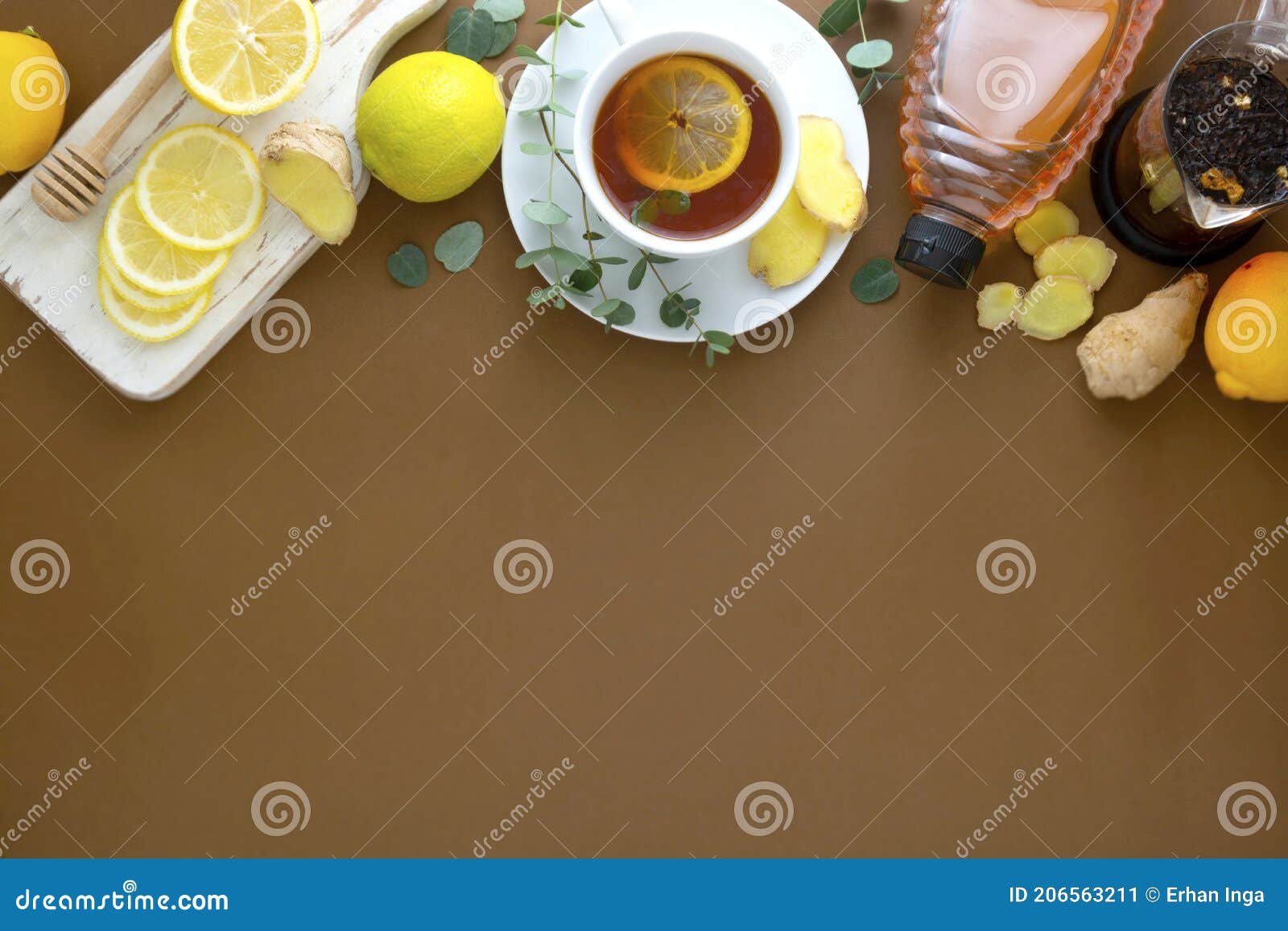 Black Tea with Lemon, Honey and Ginger on a Brown Table, Copy Space Stock Image Image of honey
